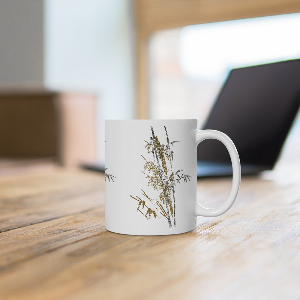 Keramische mok met bamboe penseelstreken — Minimalistische thee- en koffiekop in Aziatische stijl 