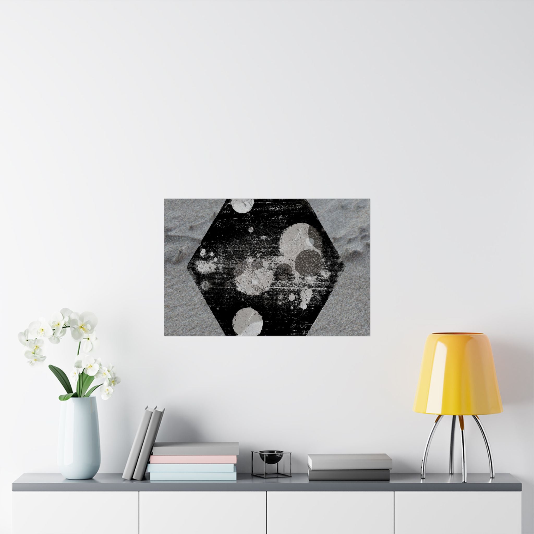 Matte Horizontal Poster — Grunge Hexagon Moonprint (Black & Gray Abstract)
