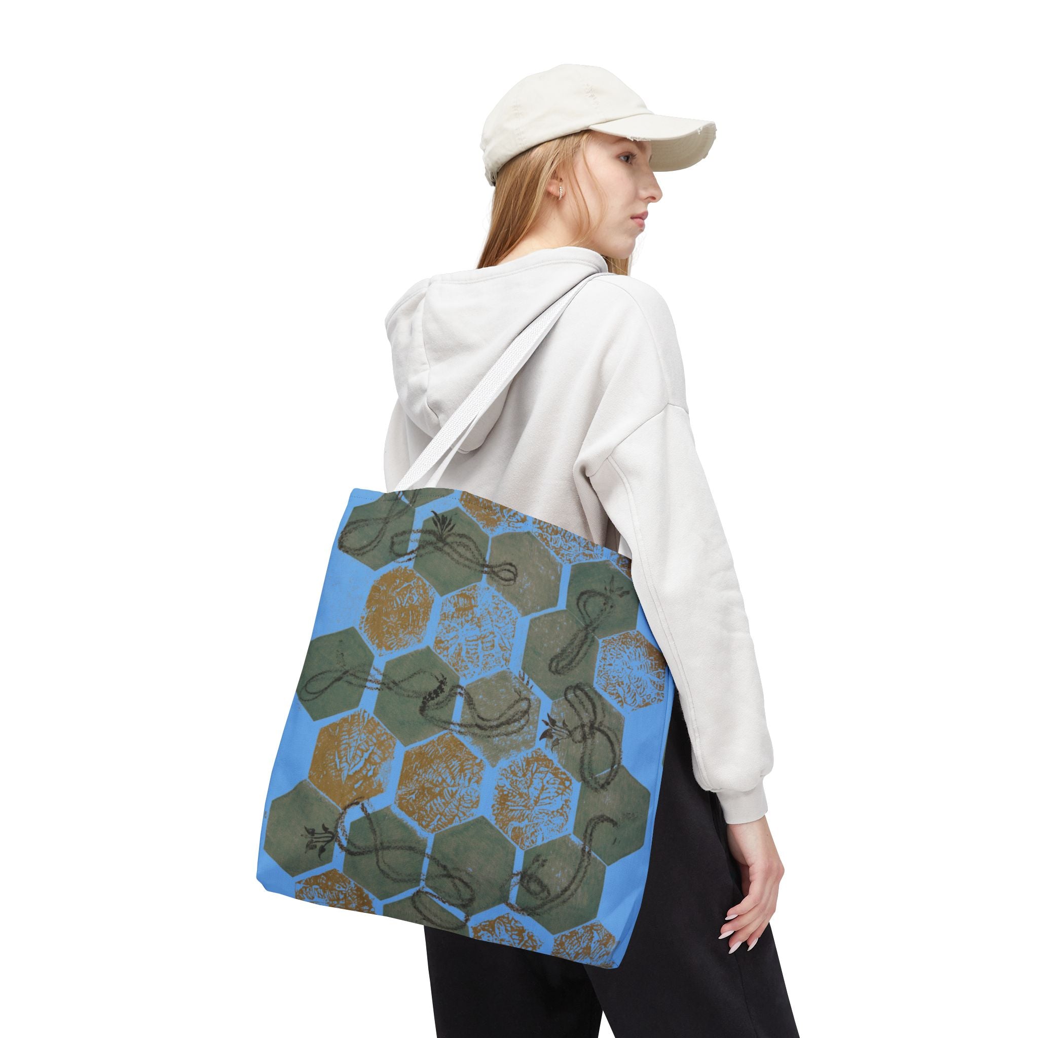 Hexagon Honeycomb Tote Bag — Blue Botanical Pattern AOP