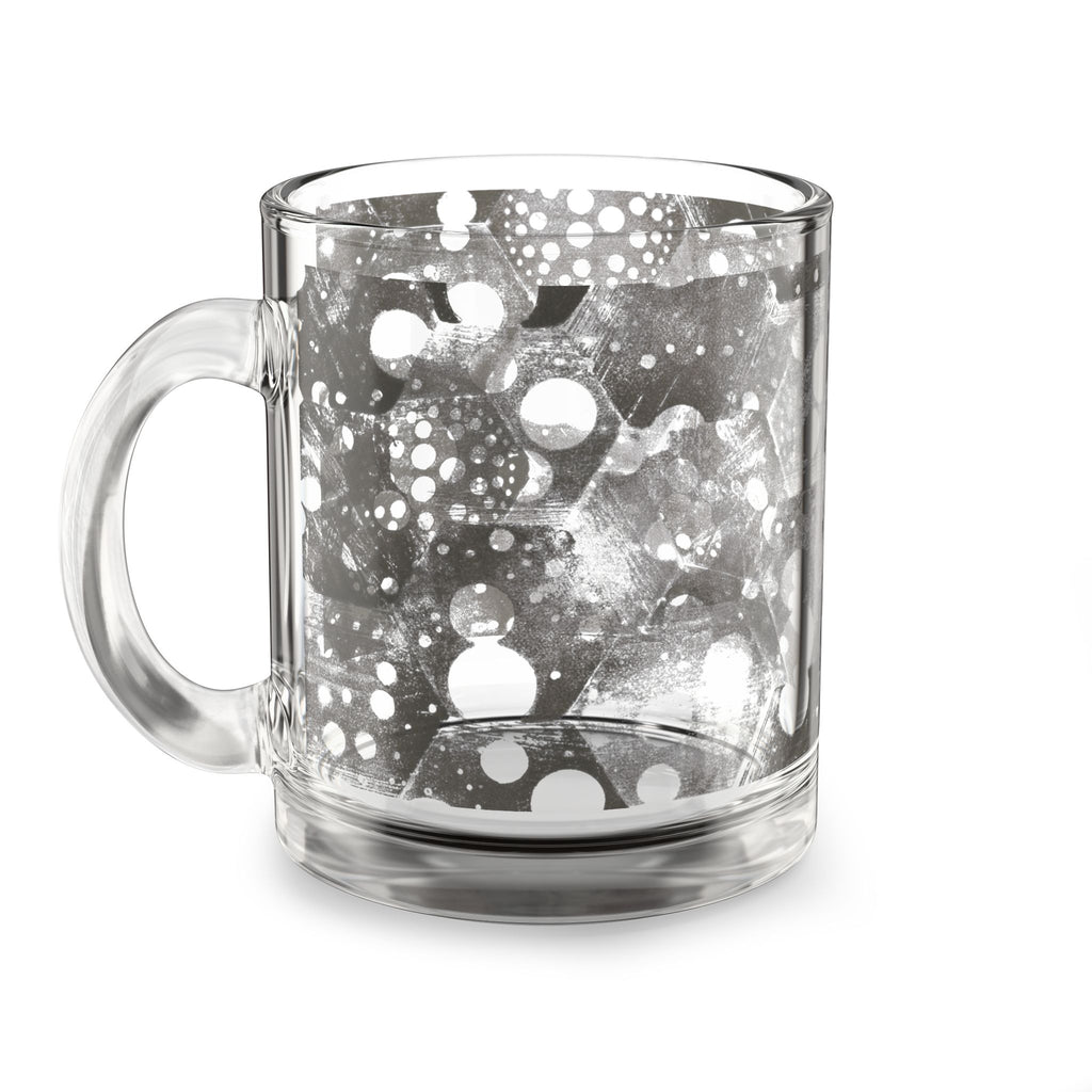 10oz Glass Mug — Black & White Abstract Hex Bubble Pattern