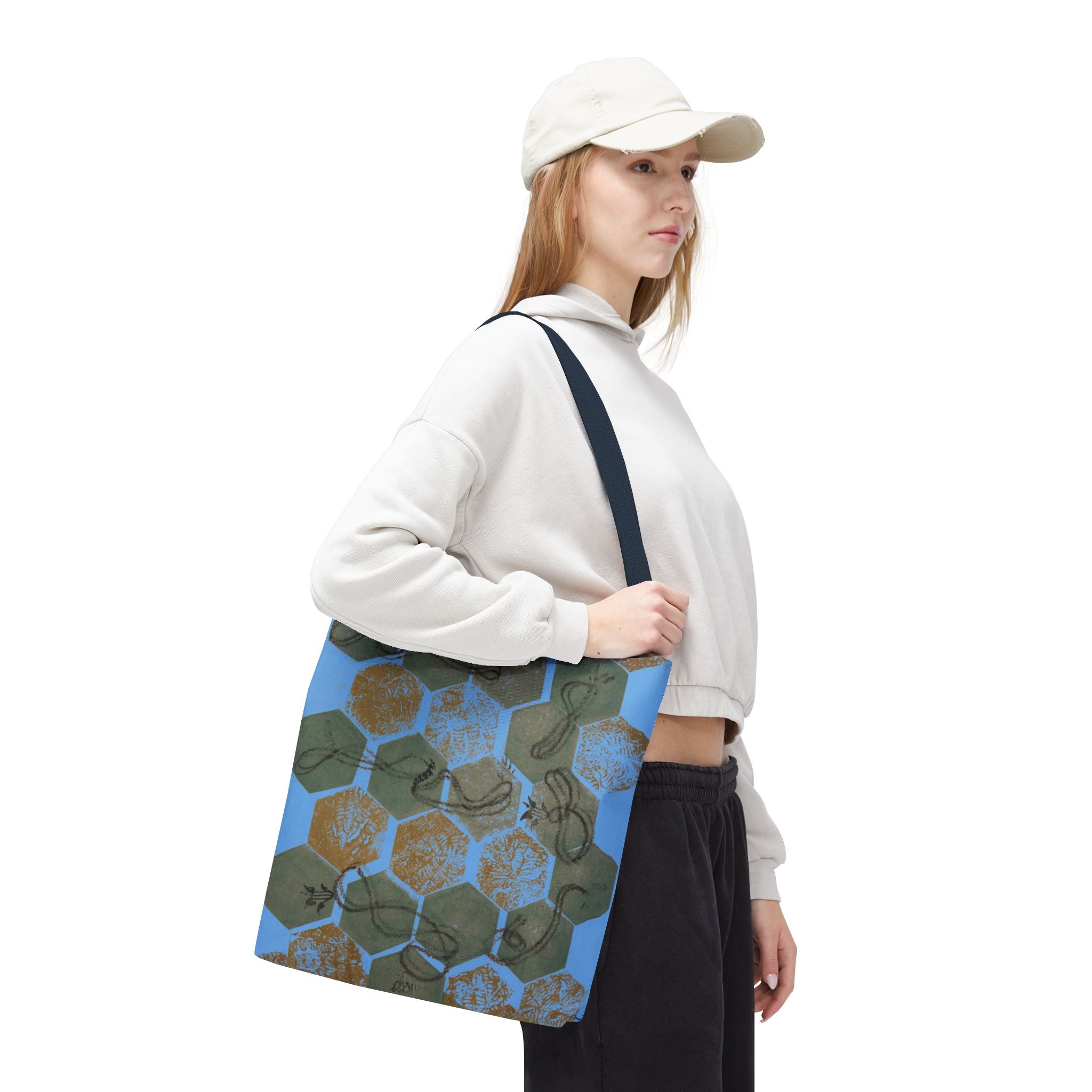 Hexagon Honeycomb Tote Bag — Blue Botanical Pattern AOP