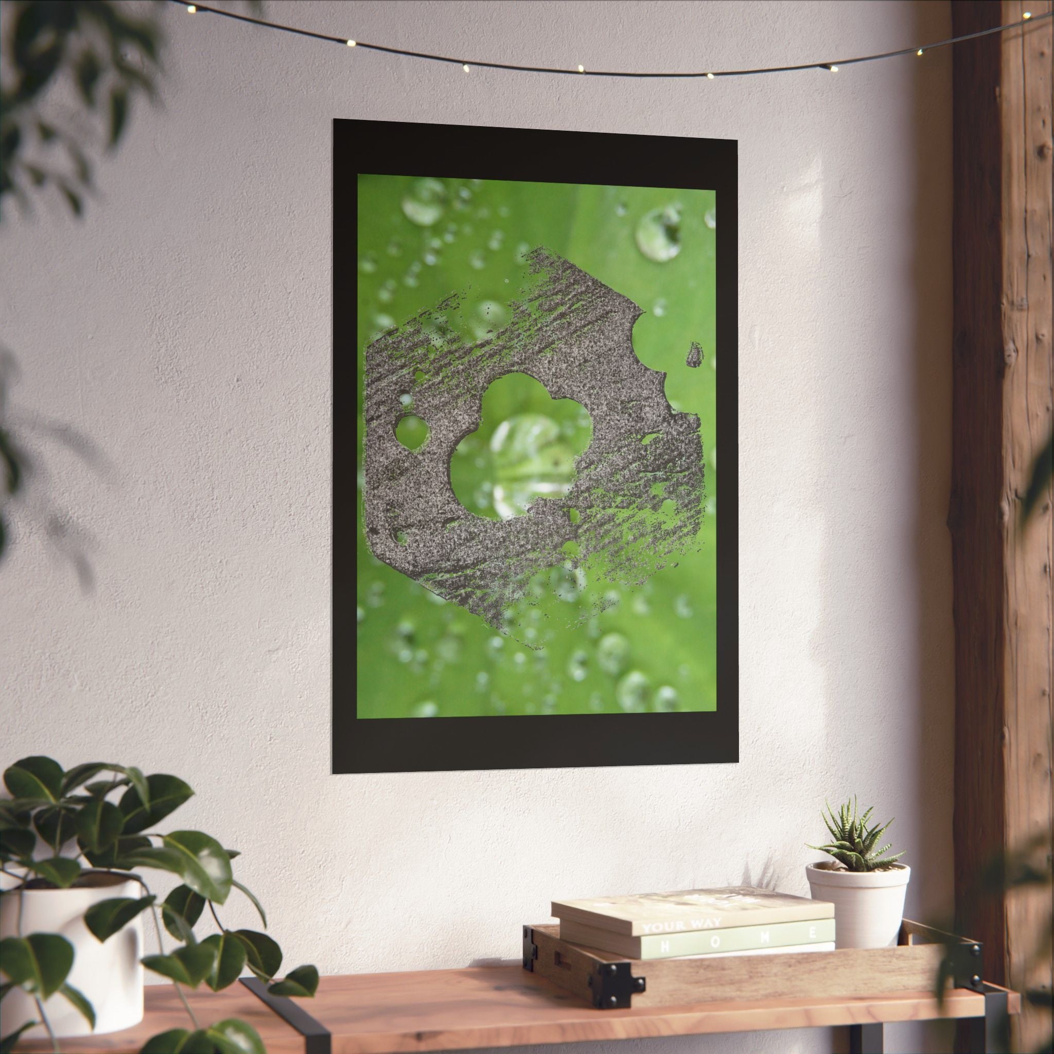Water Droplet Leaf with Wood Texture Poster | Matte Vertical Poster