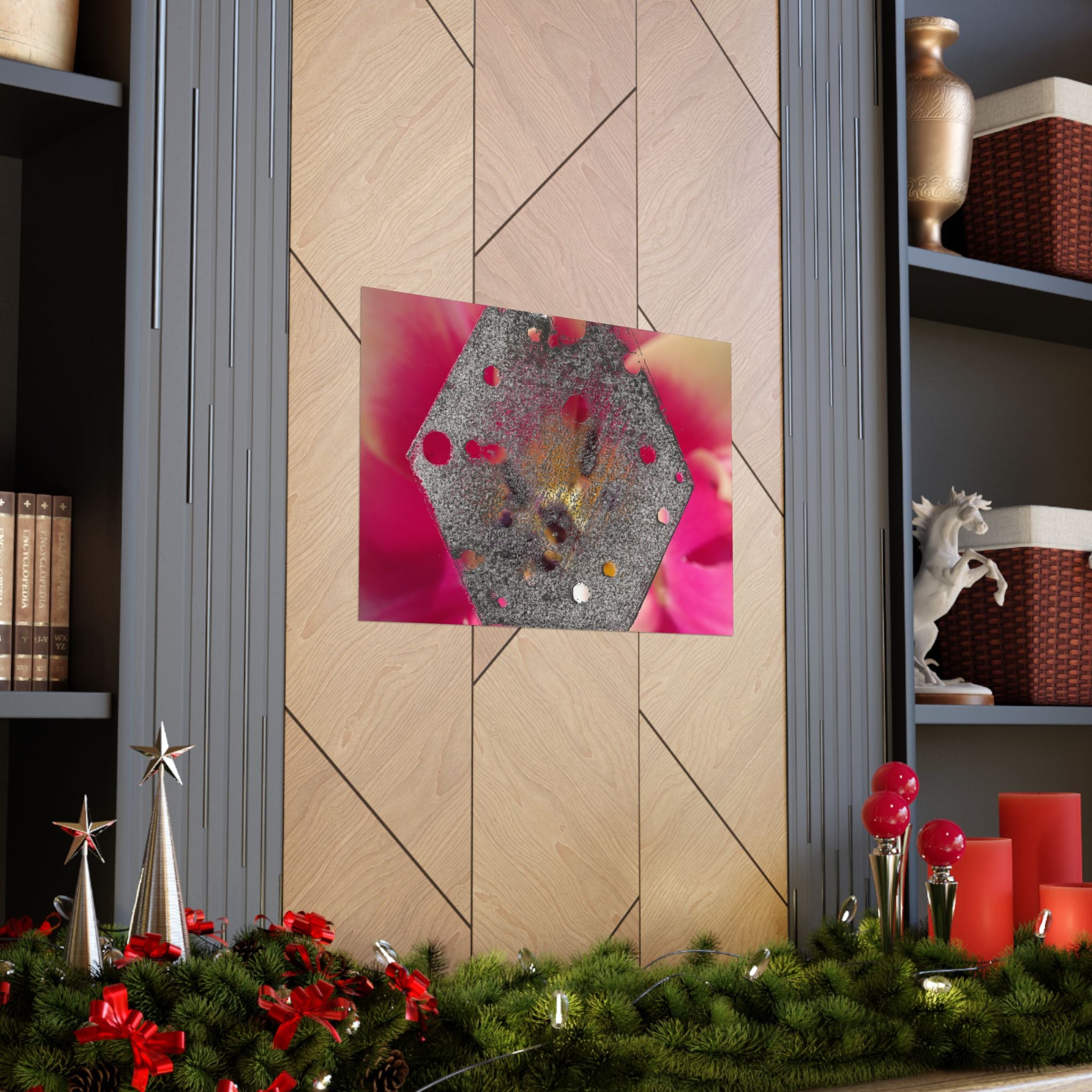 Hexagonale metalen textuurposter | Matte horizontale wanddecoratie, abstracte bloemenachtergrond 