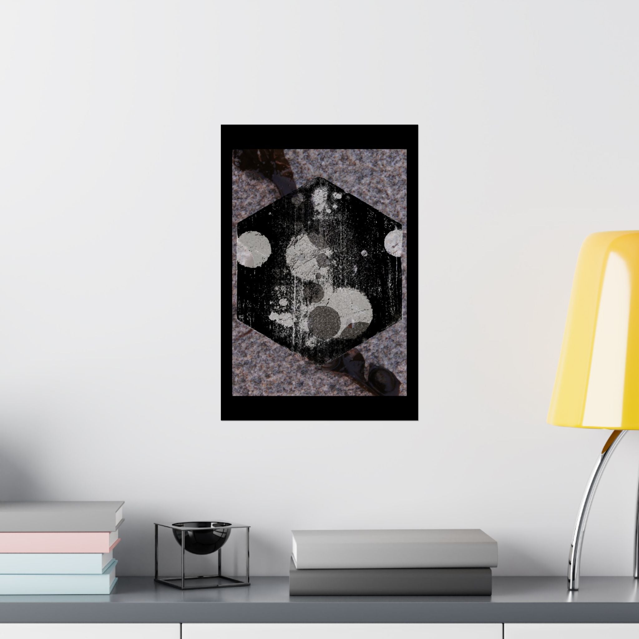 Abstract Hexagon Art Poster — Grunge Black & Gray Matte Vertical Print