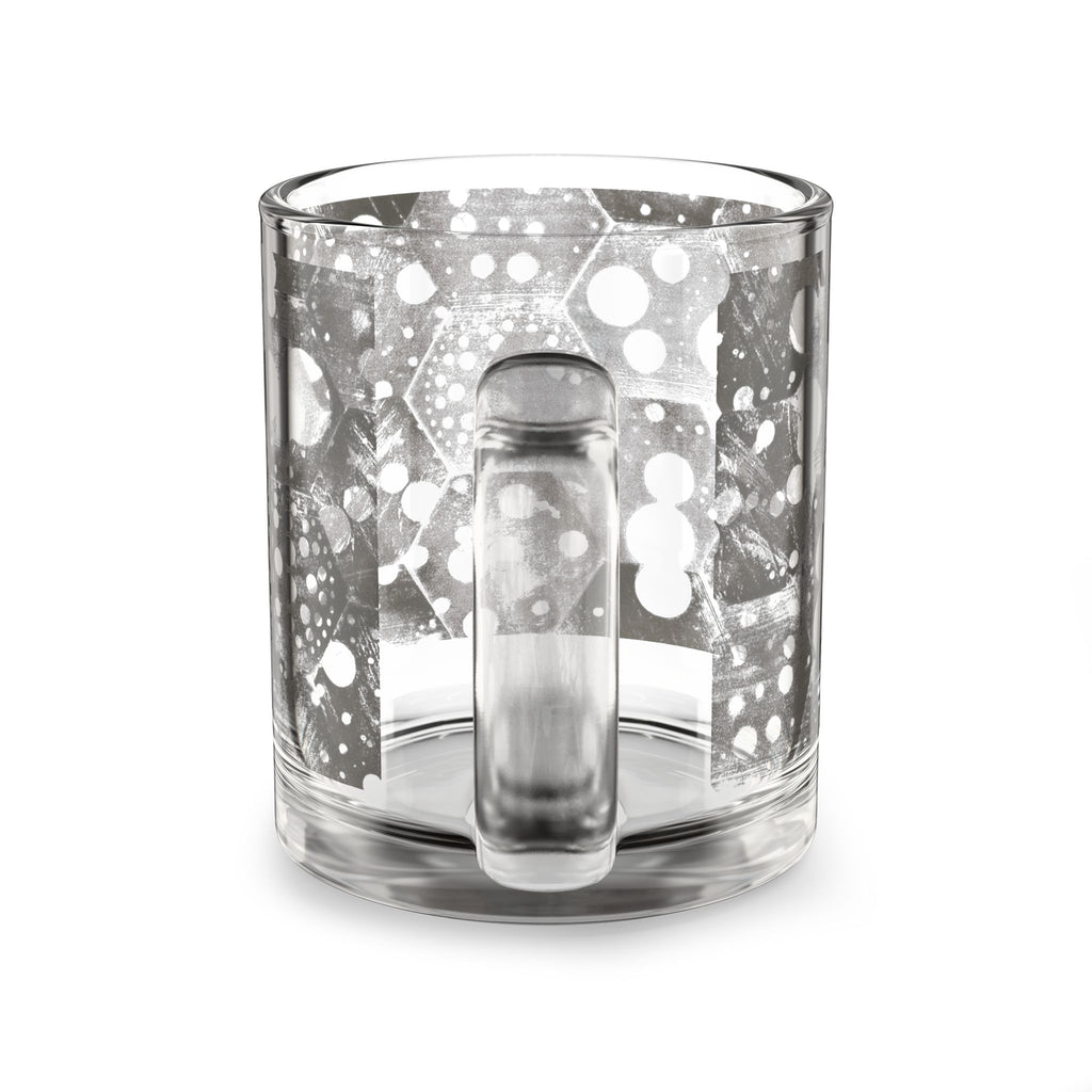 10oz Glass Mug — Black & White Abstract Hex Bubble Pattern