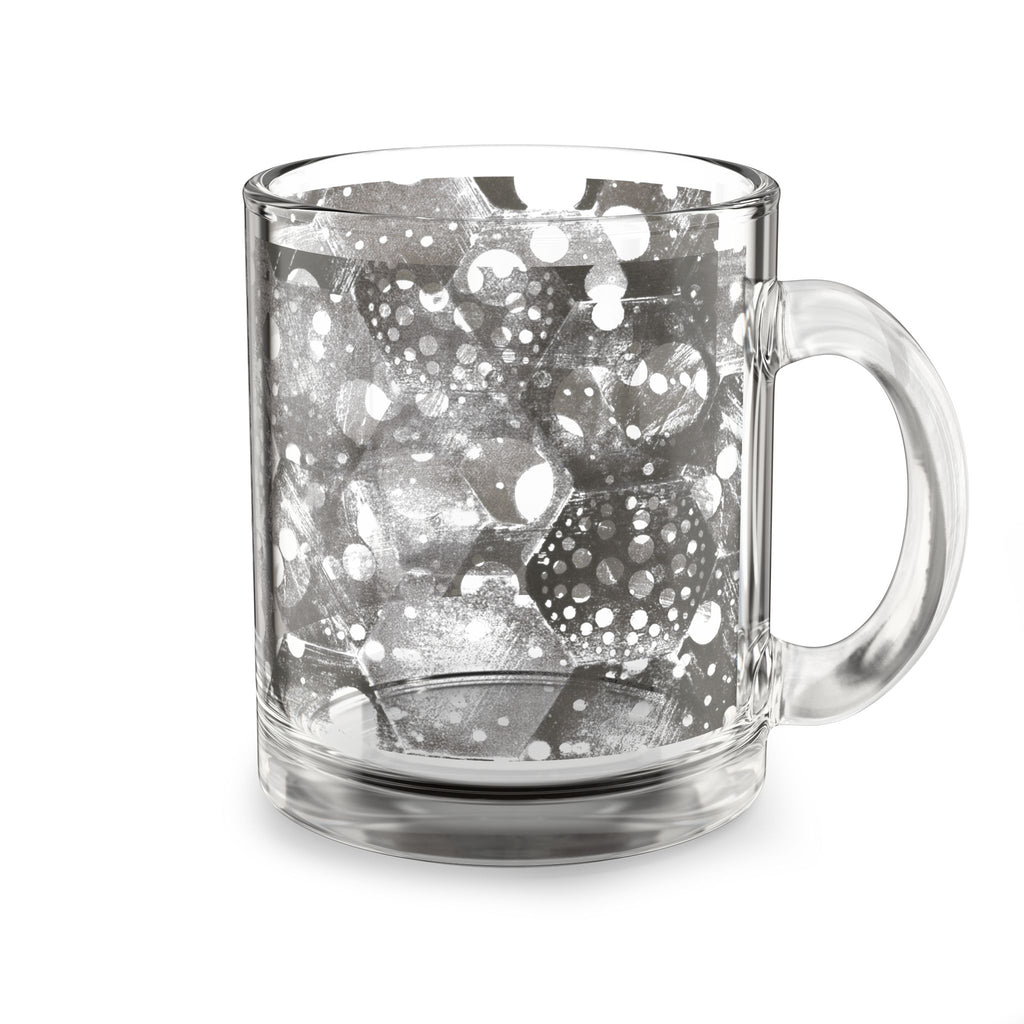 10oz Glass Mug — Black & White Abstract Hex Bubble Pattern