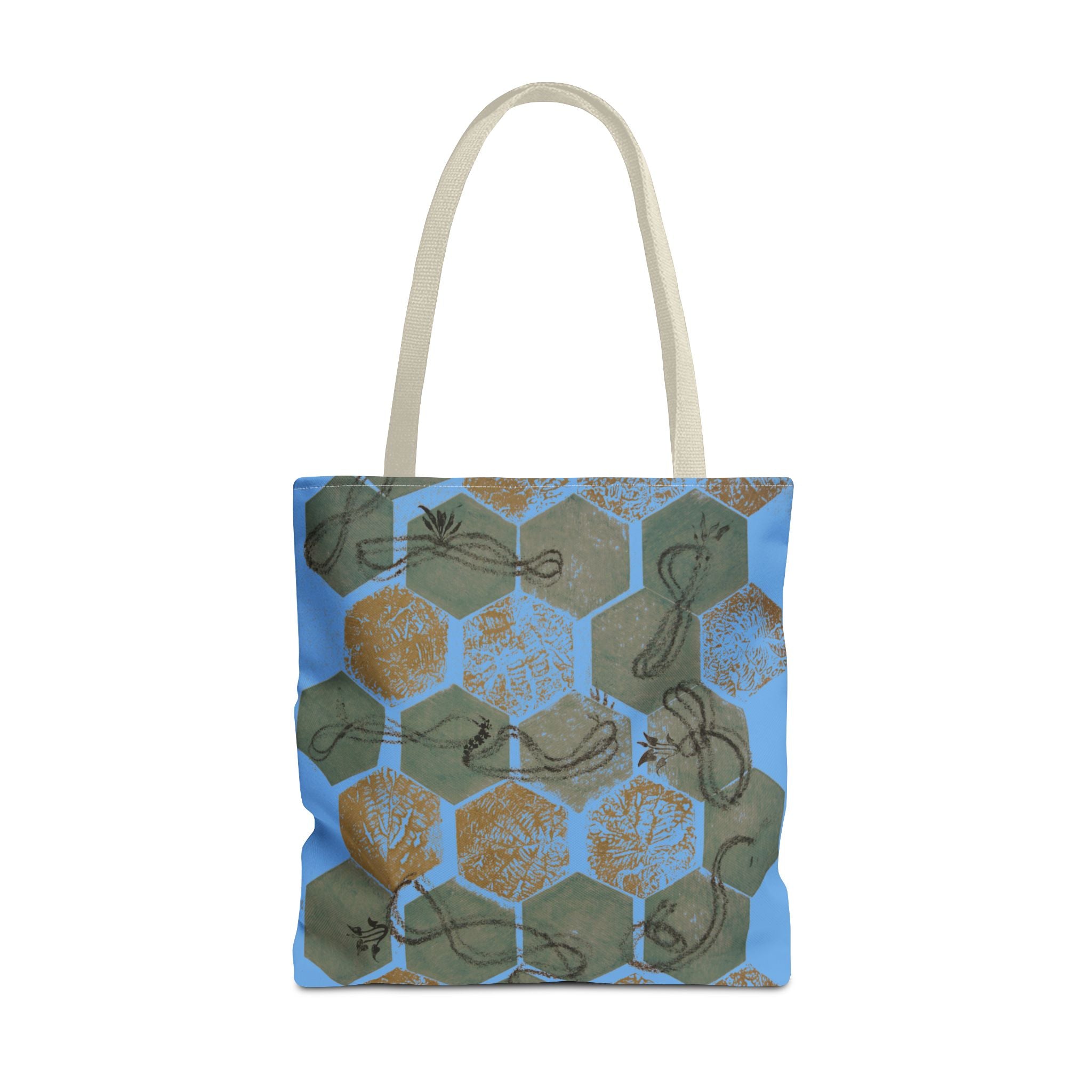 Hexagon Honeycomb Tote Bag — Blue Botanical Pattern AOP