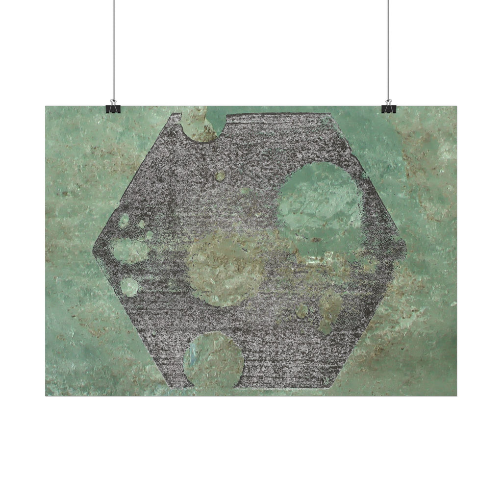 Geometric Hexagon Moon Art Horizontal Poster | Green Abstract Celestial Print