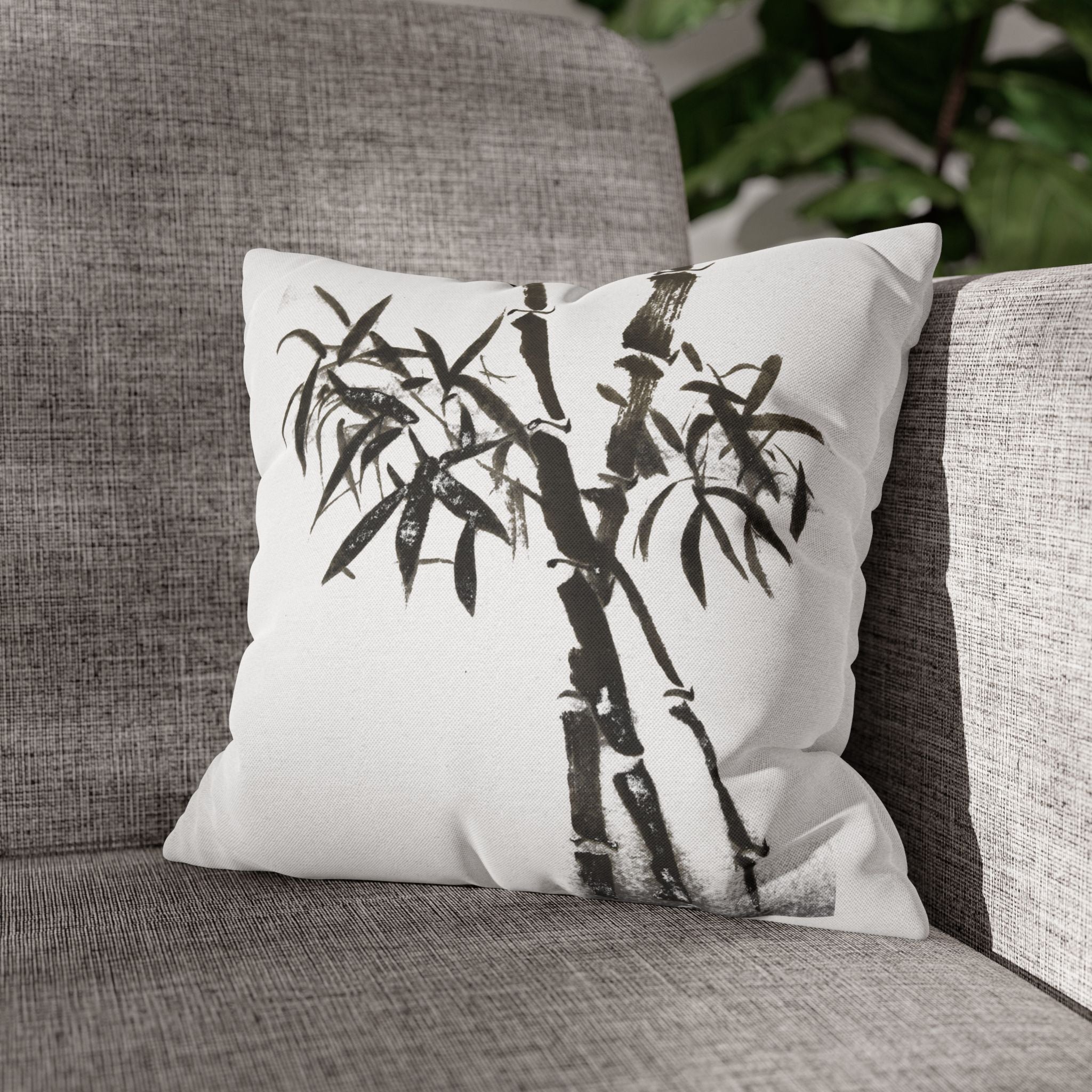 Bamboo Ink-Brush Square Pillowcase — Minimal Asian-Inspired Decorative Pillow Cover