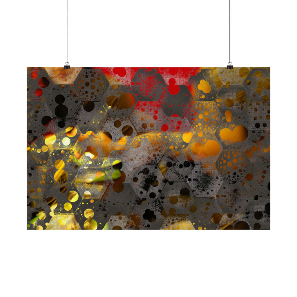 Abstracte matte poster met honingraatpatroon — Geometrische kunst in warme goud- en roesttinten 