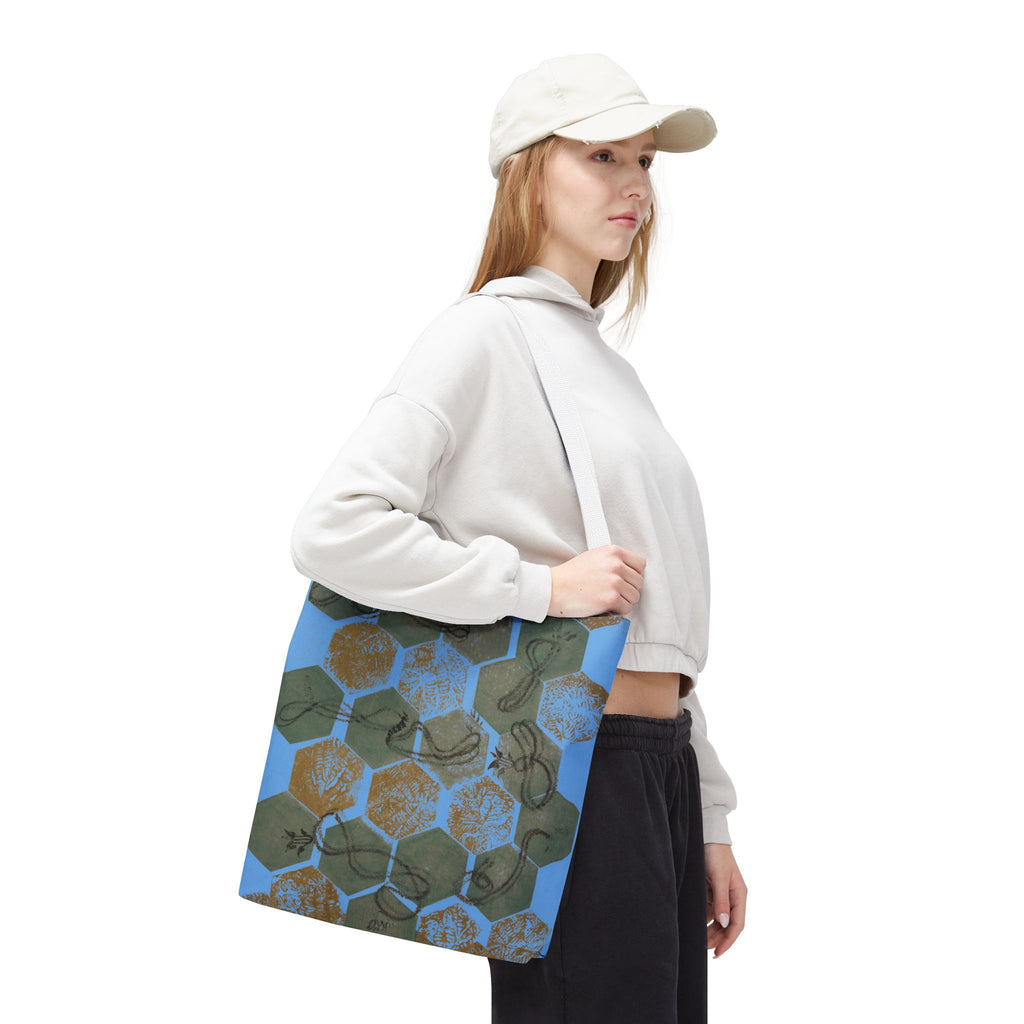 Hexagon Honeycomb Tote Bag — Blue Botanical Pattern AOP