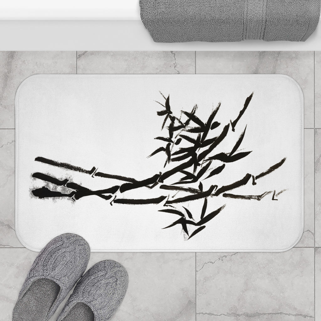 Zen Bamboo Bath Mat — Minimal Black Ink Sumi-e Design
