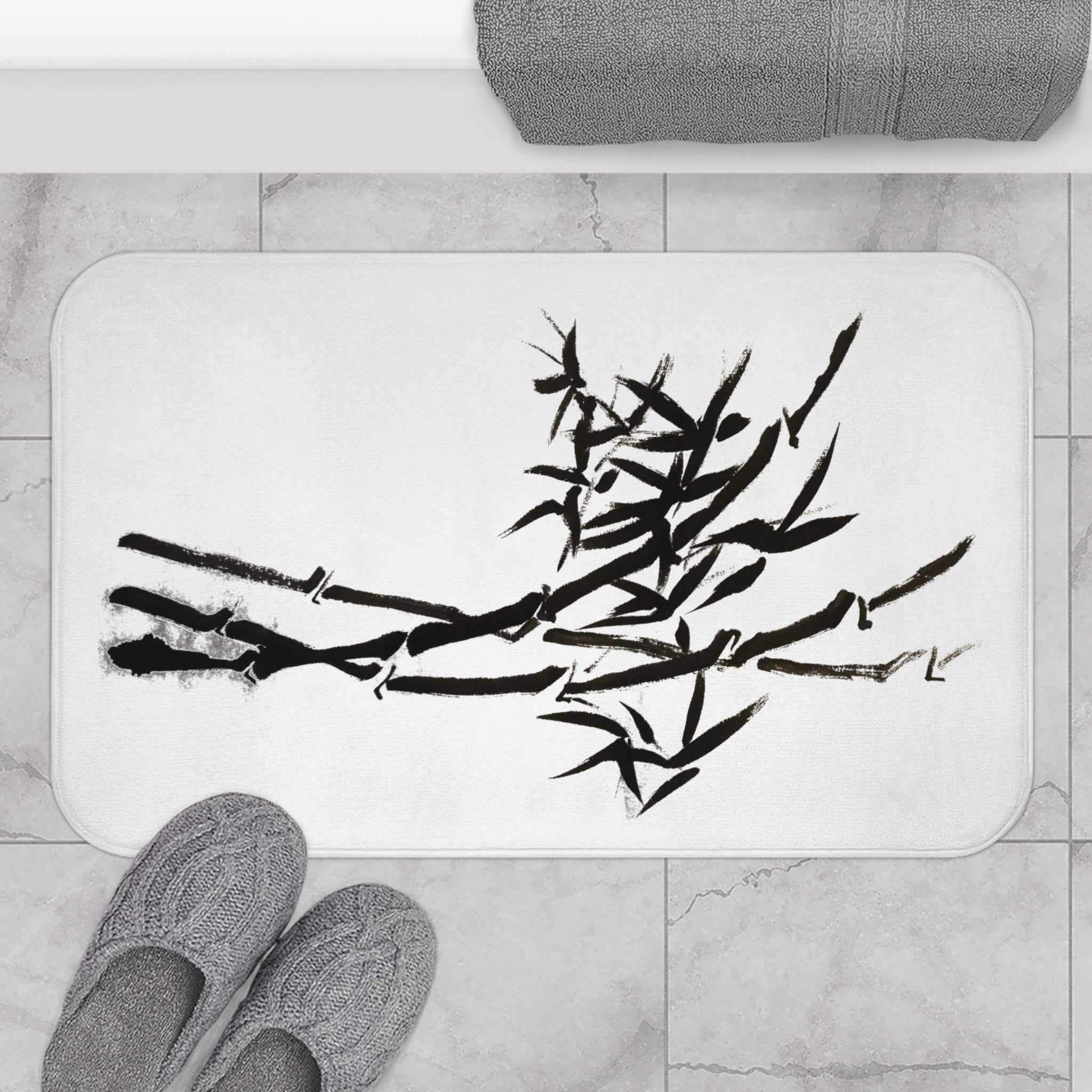 Zen Bamboo Bath Mat — Minimal Black Ink Sumi-e Design