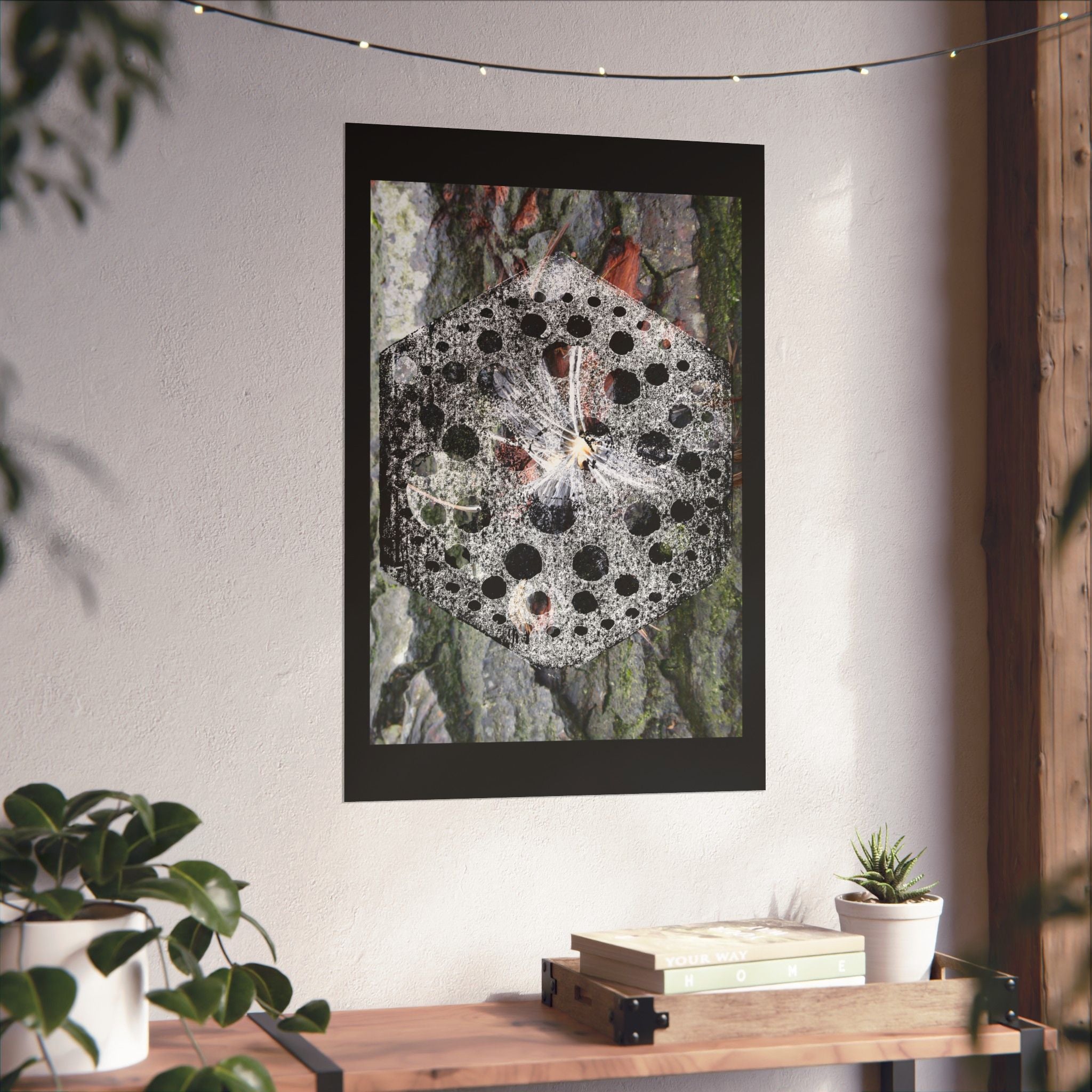 Abstracte natuurmandala poster — Zwart-wit paddenstoelen en boomschorskunst (matte verticale poster) 