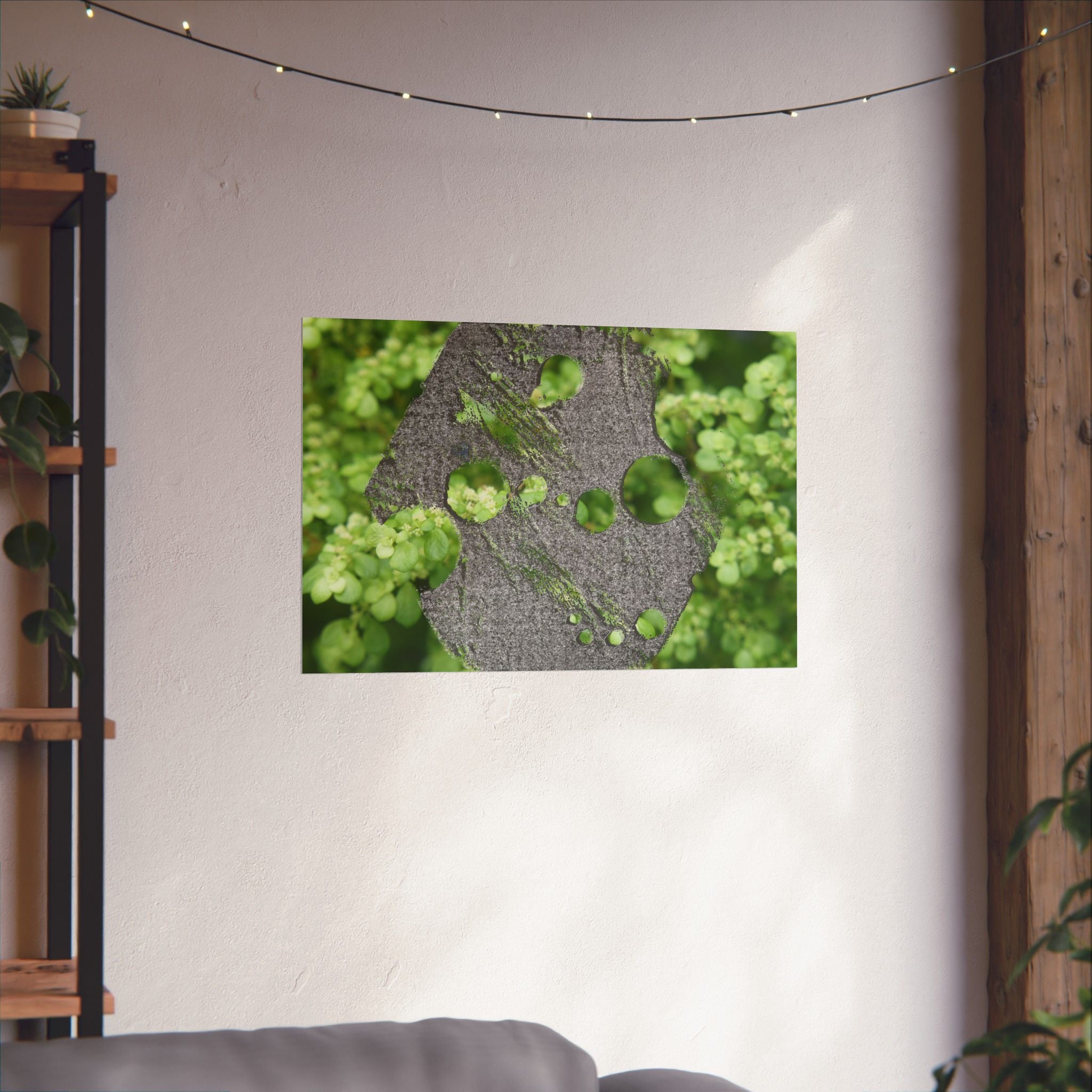 Abstracte poster met groen mos en verweerd metaal (mat) — Botanische natuur muurdecoratie (horizontaal) 