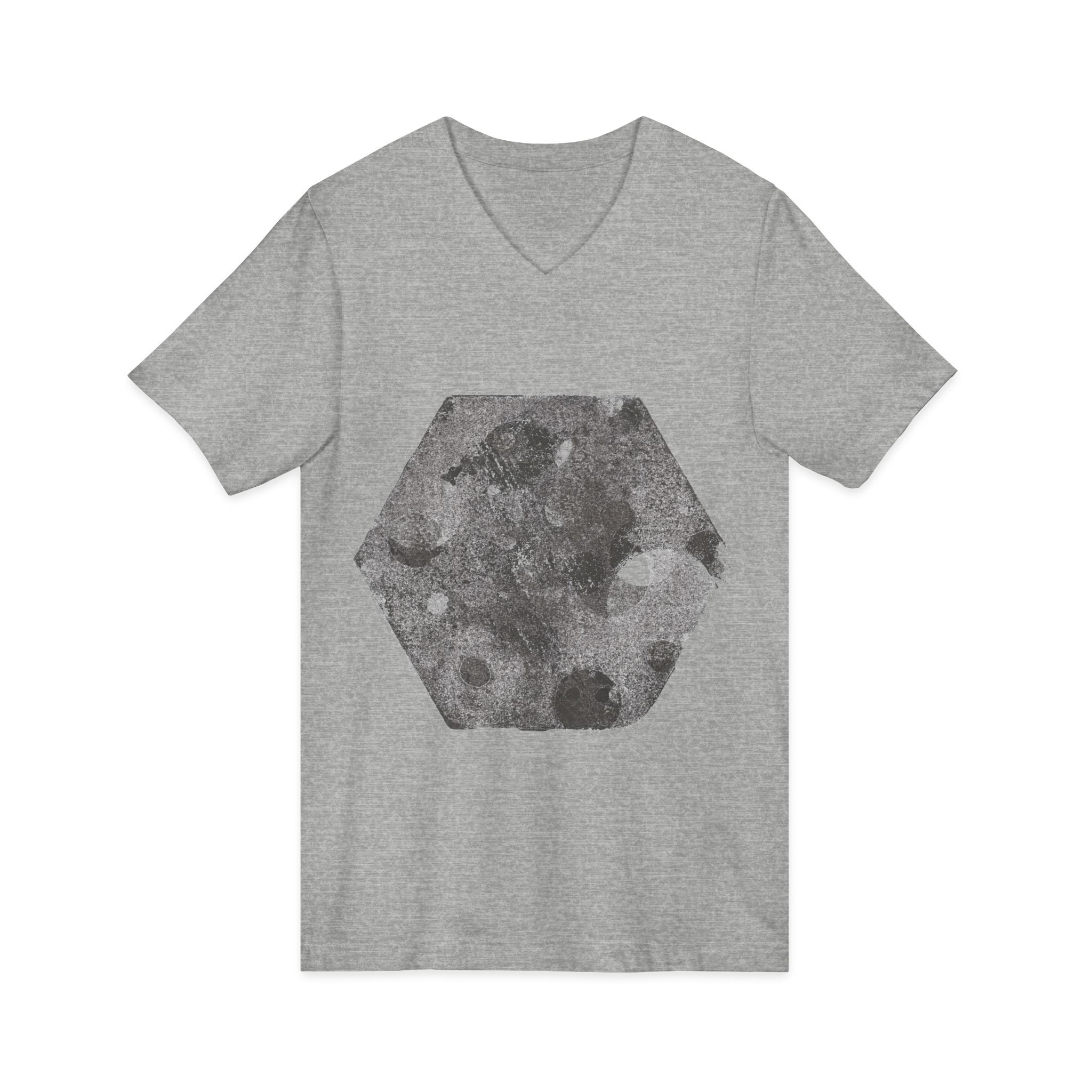 Hex Moon Graphic Tee Design Hex14 — Een vintage T-shirt met V-hals en een verweerde Space Cheese-look, geïnspireerd op astronomie.