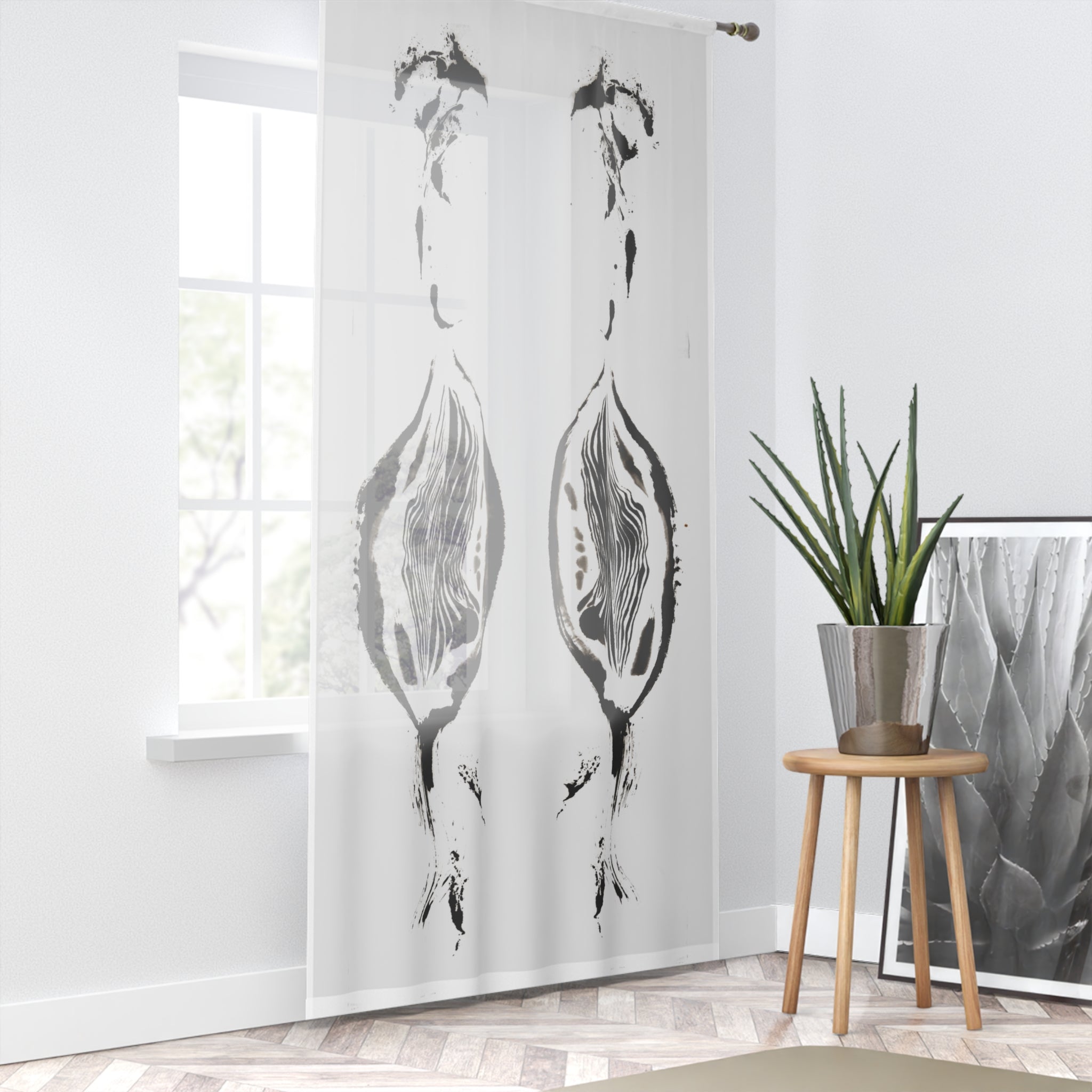 Sheer Botanical Print Window Curtain – Monochrome Floral Stem Design