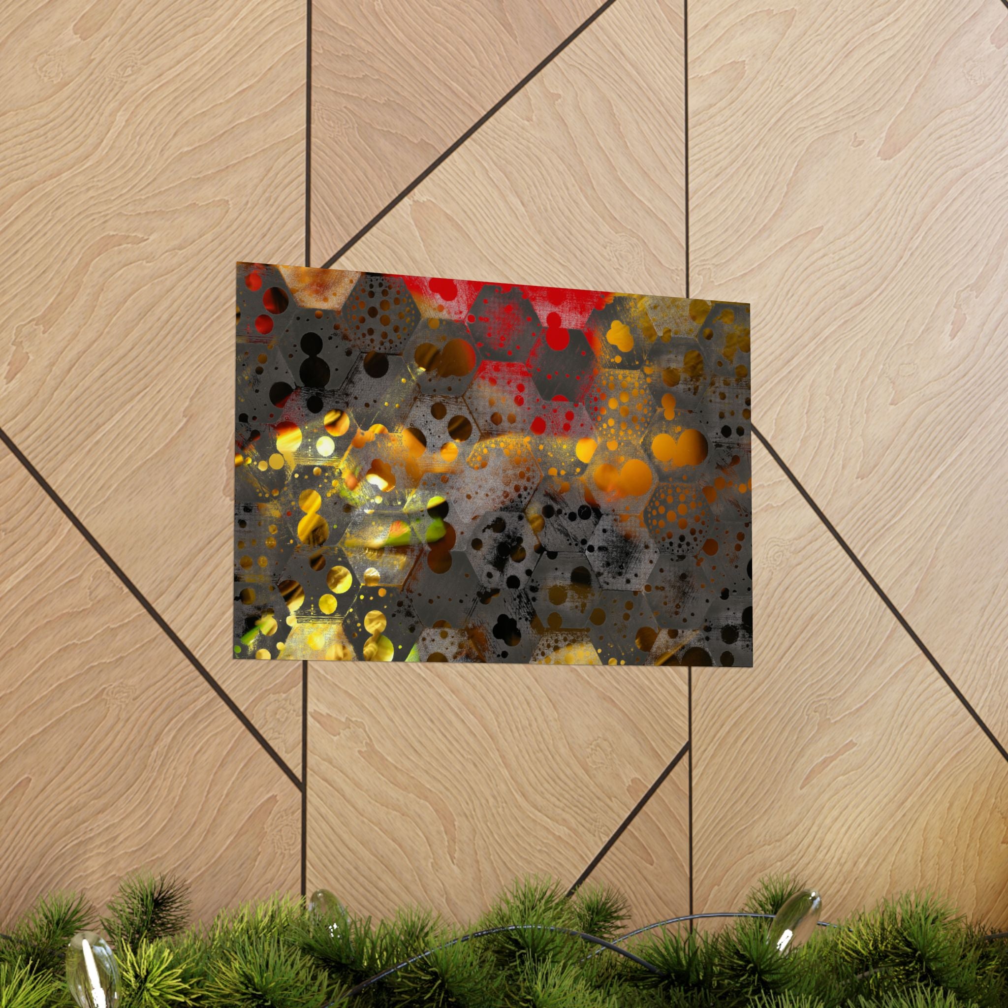 Abstracte matte poster met honingraatpatroon — Geometrische kunst in warme goud- en roesttinten 