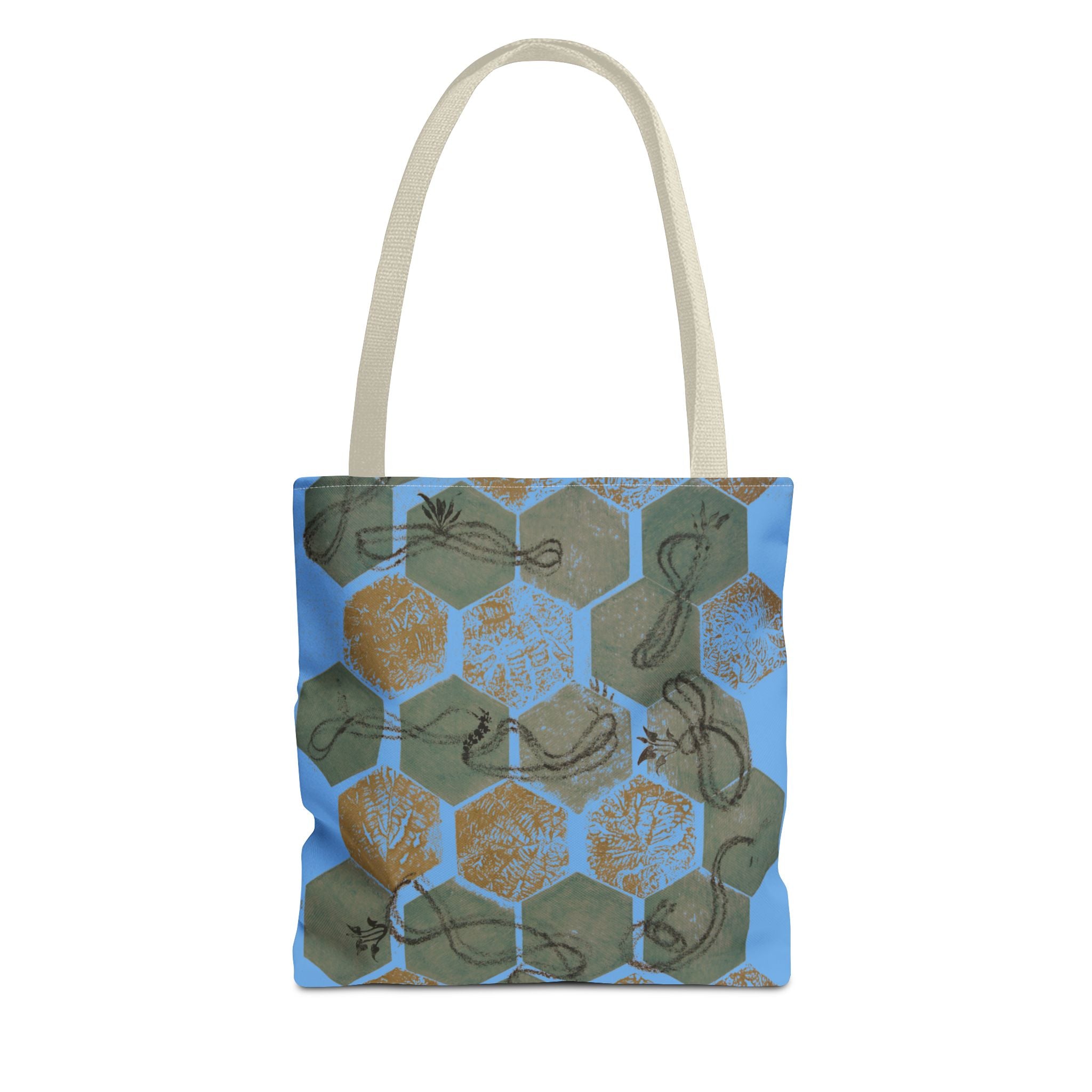 Hexagon Honeycomb Tote Bag — Blue Botanical Pattern AOP