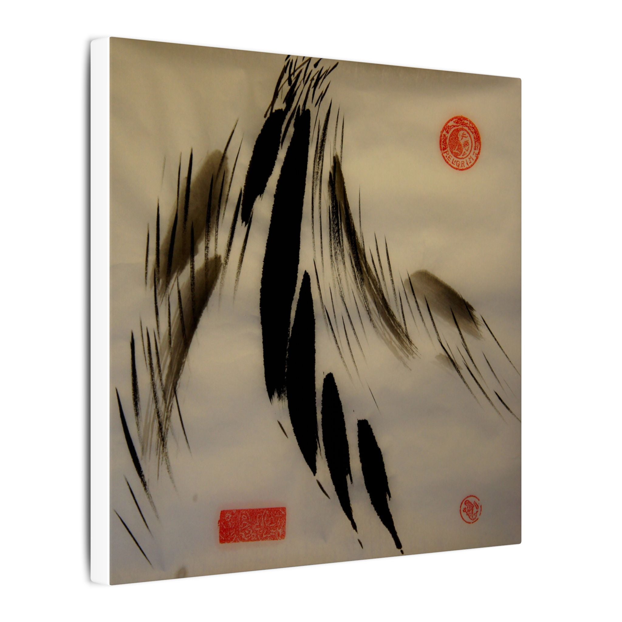 Abstracte wanddecoratie op canvas met inktpenseel — minimalistische Aziatische kalligrafiestijl 