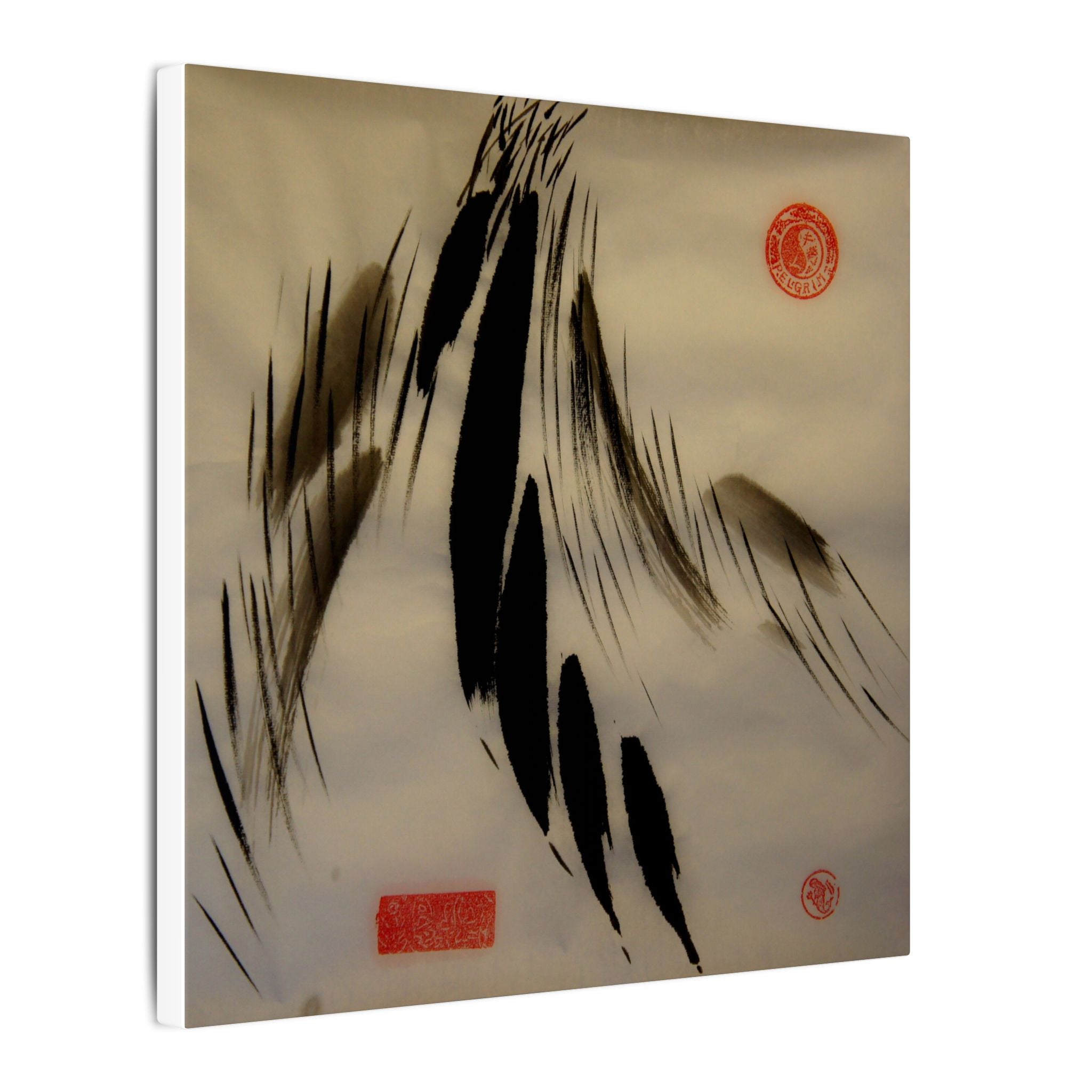 Abstracte wanddecoratie op canvas met inktpenseel — minimalistische Aziatische kalligrafiestijl 