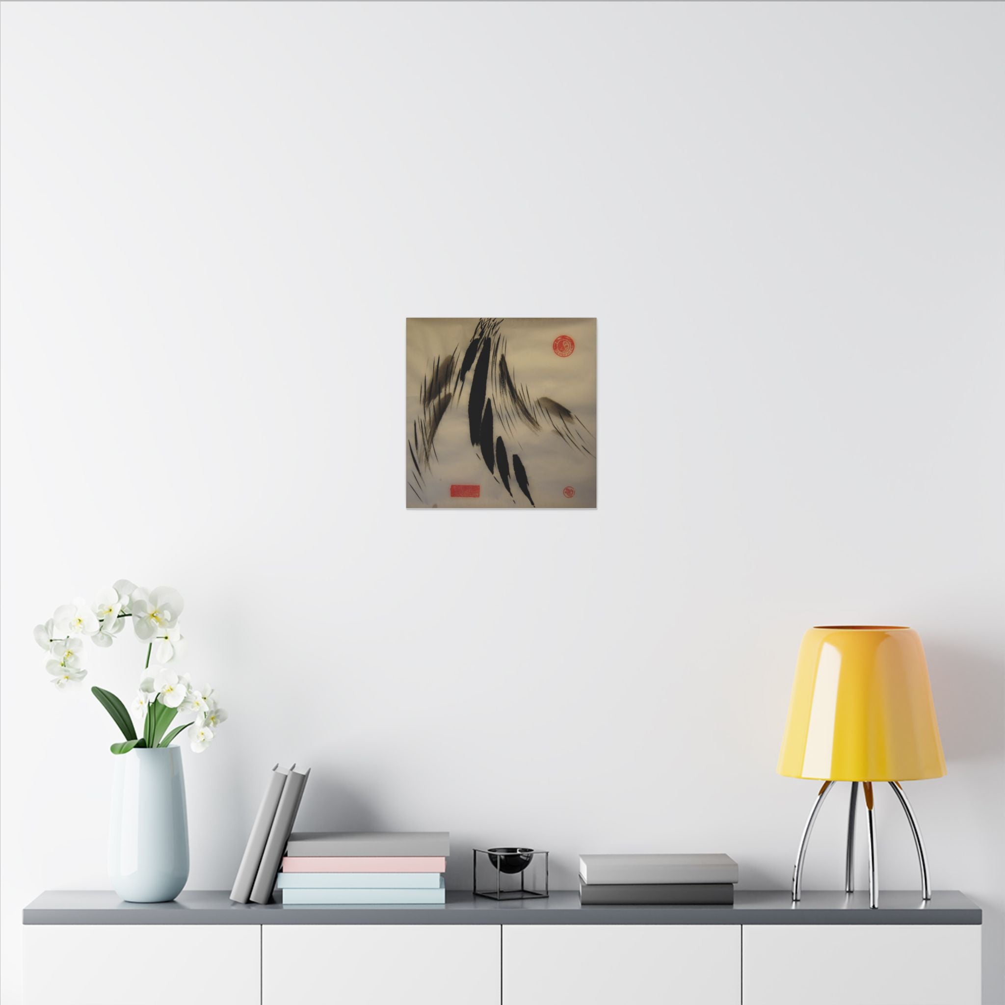 Abstracte wanddecoratie op canvas met inktpenseel — minimalistische Aziatische kalligrafiestijl 