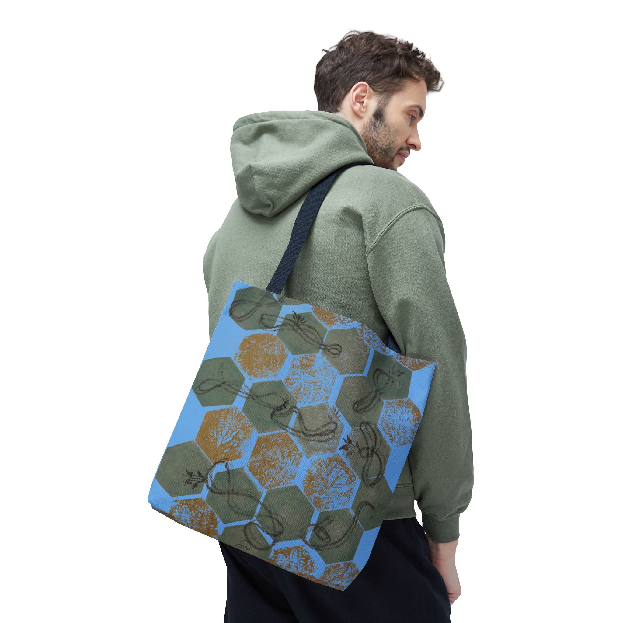 Hexagon Honeycomb Tote Bag — Blue Botanical Pattern AOP