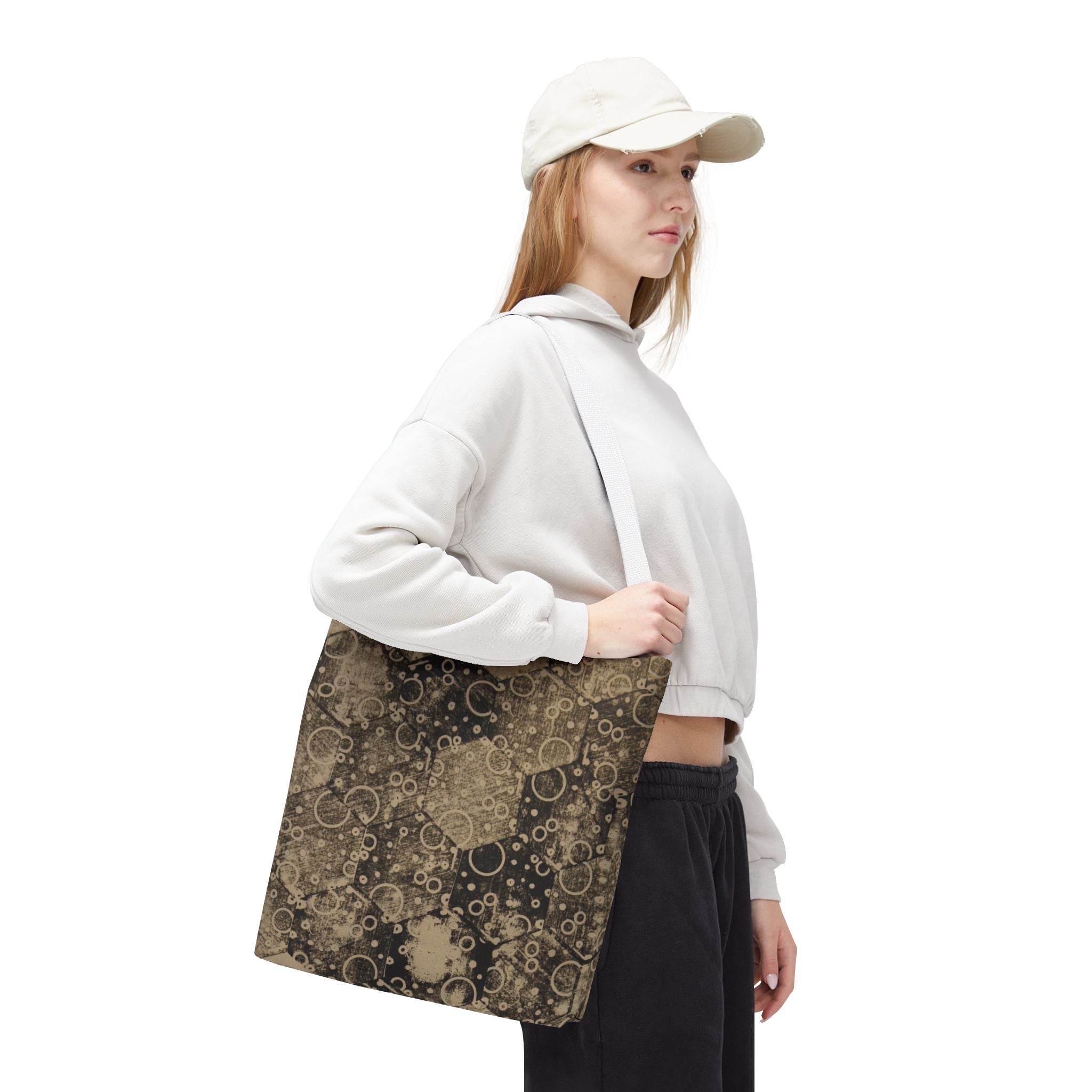 Vintage Hexagon Pattern Tote Bag – Sepia Geometric All-Over Print