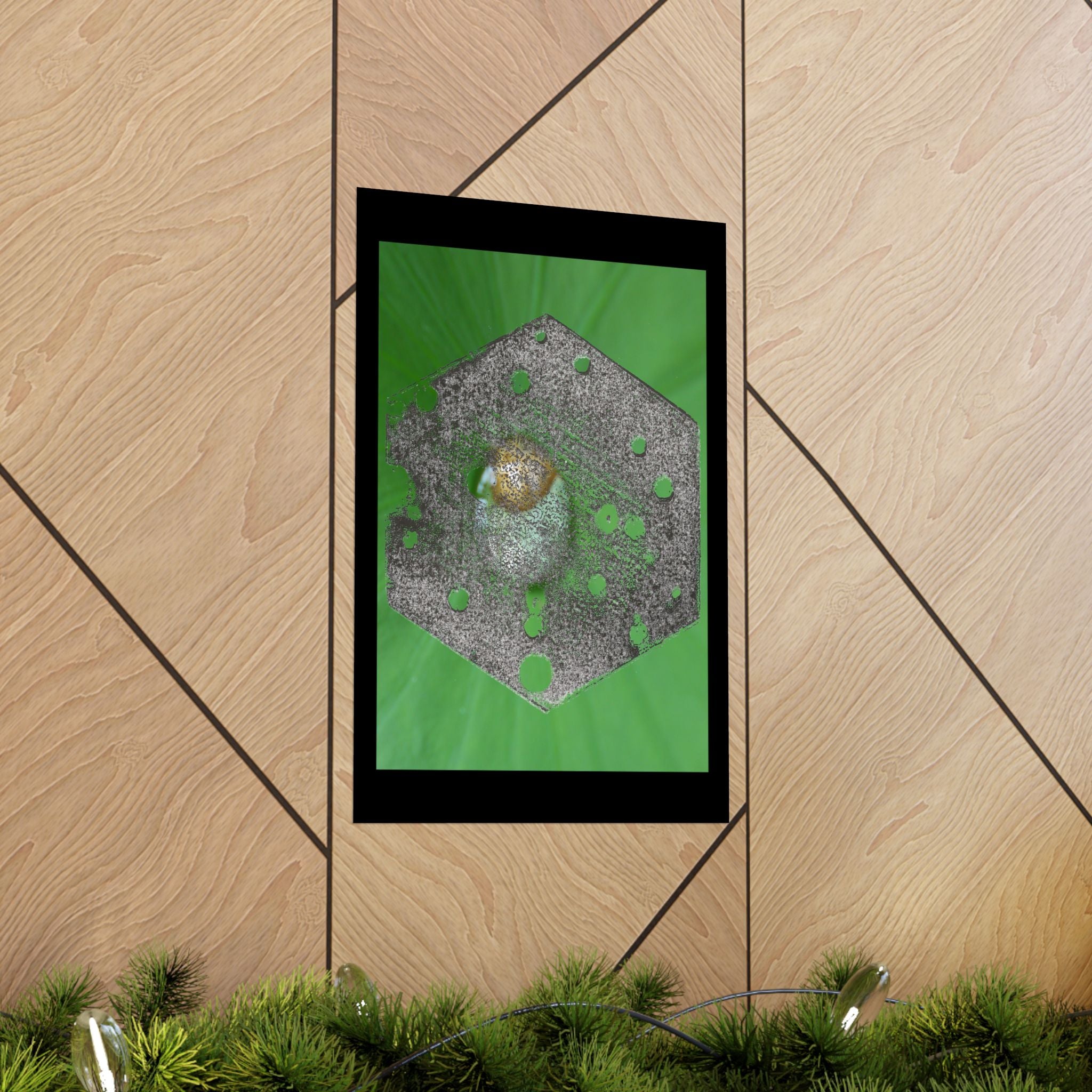 Poster met zeshoekige mosbol | Matte verticale botanische muurdecoratie 