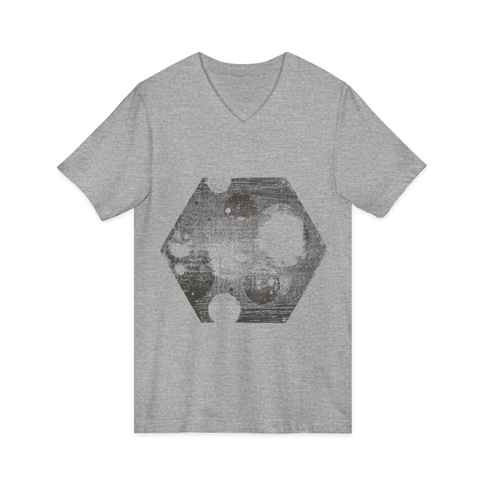 Hex Moon Graphic Tee Design Hex15 — Een vintage T-shirt met V-hals en ruimtekaasmotief, geïnspireerd op astronomie.