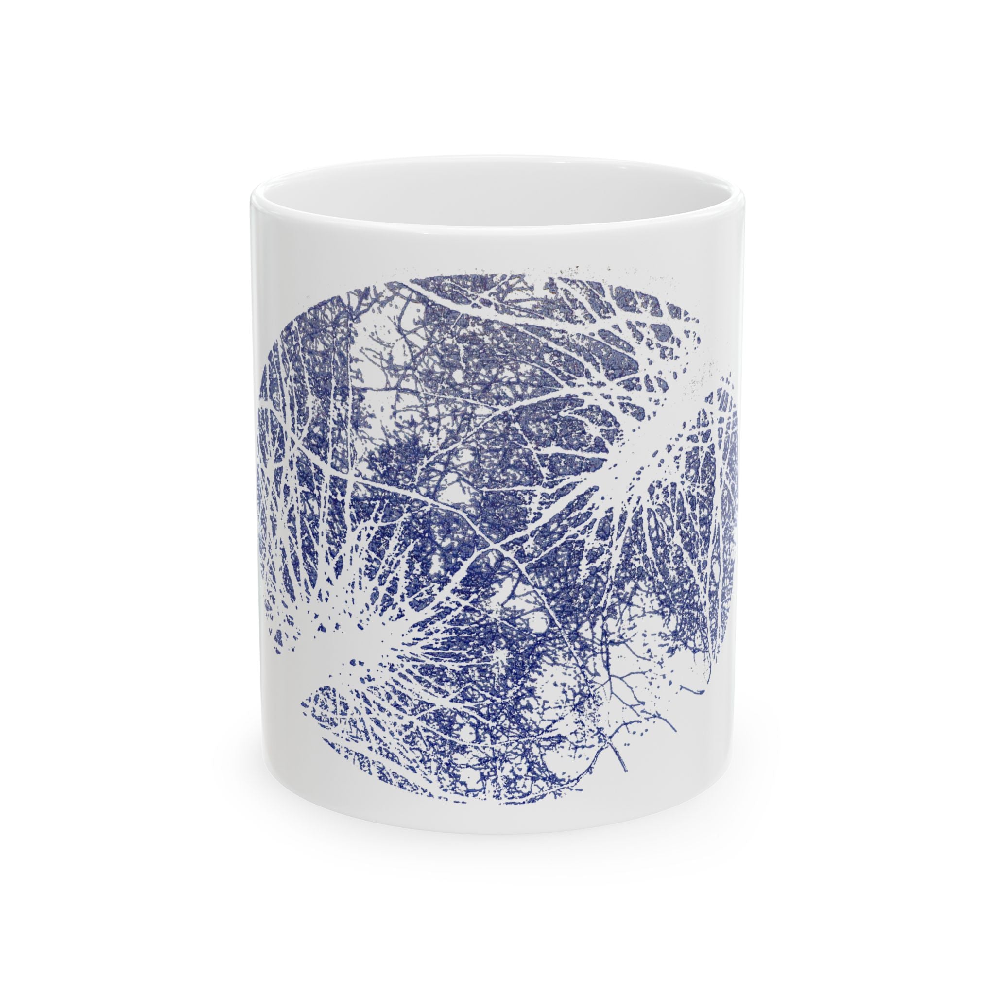 Keramische mok met boomsilhouet — Blauwe botanische natuurbeker 