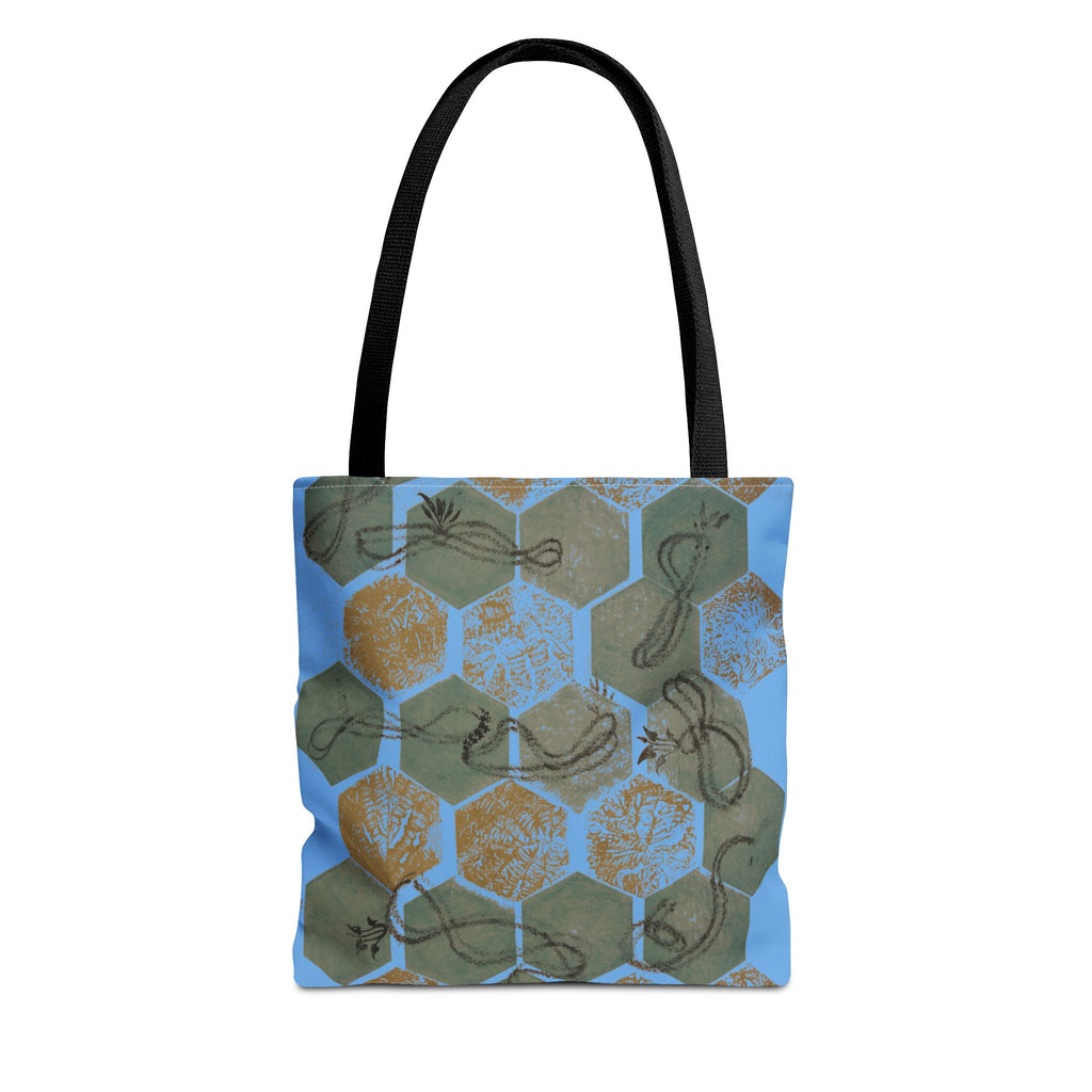 Hexagon Honeycomb Tote Bag — Blue Botanical Pattern AOP