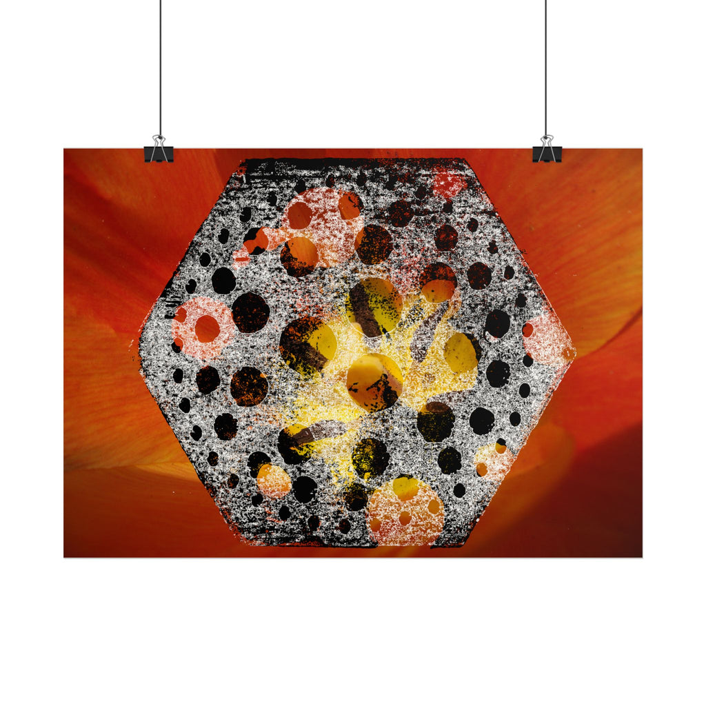 Abstracte zeshoekige bloemenposter — Opvallende oranje moderne muurdecoratie 