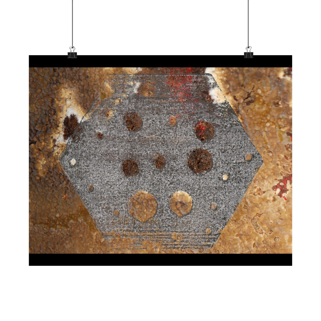 Abstracte roestkleurige zeshoekige matte horizontale poster — Industriële wanddecoratie voor thuis, kantoor en loft. 