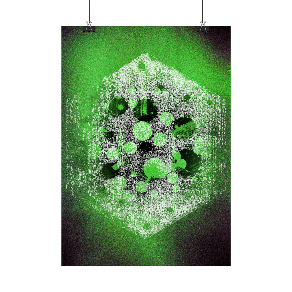 Abstracte poster met groene zeshoek — Neon geometrische kunst, matte verticale print 