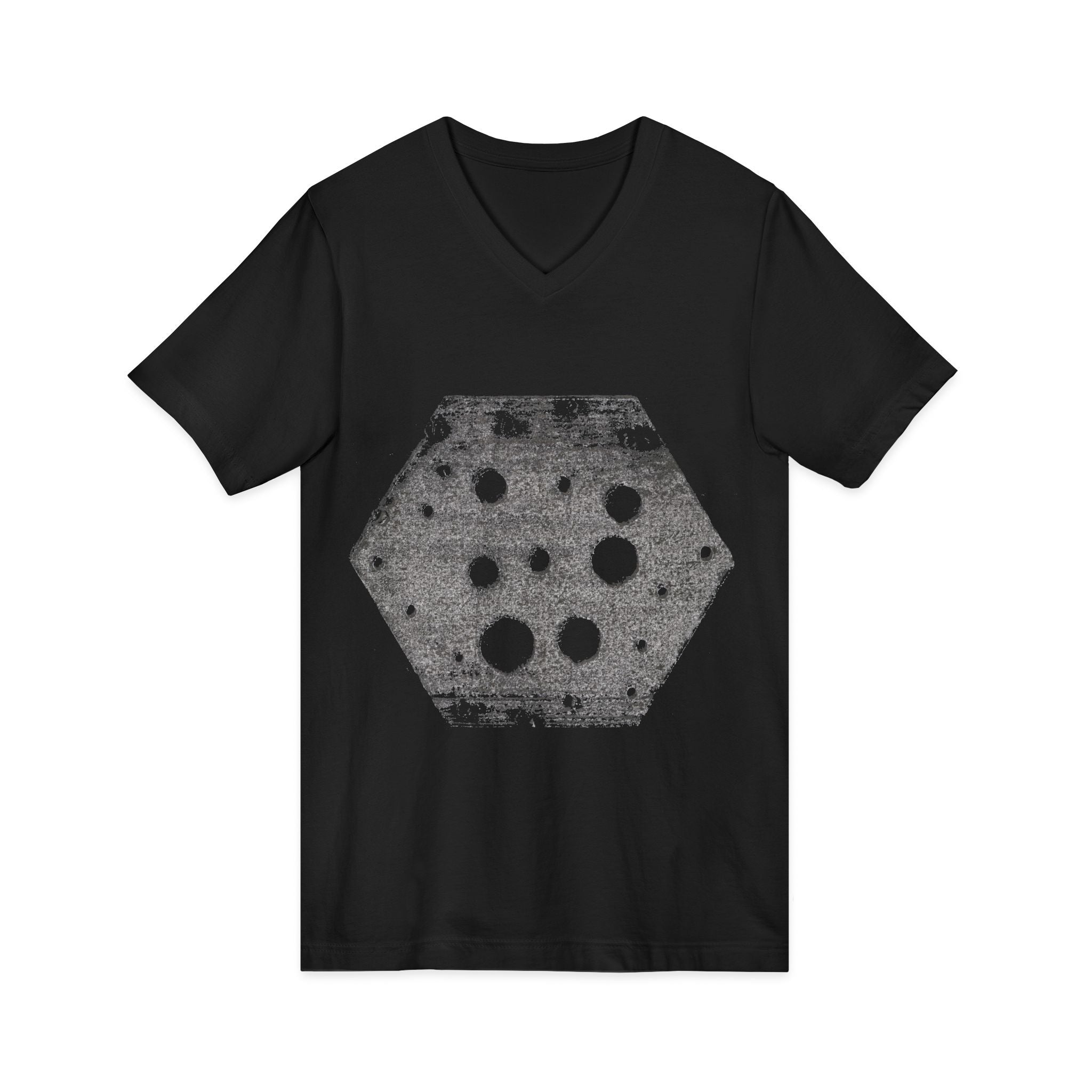 Hex Moon Graphic Tee Design Hex11 — Een vintage T-shirt met V-hals en een verweerde Space Cheese-look, geïnspireerd op astronomie.