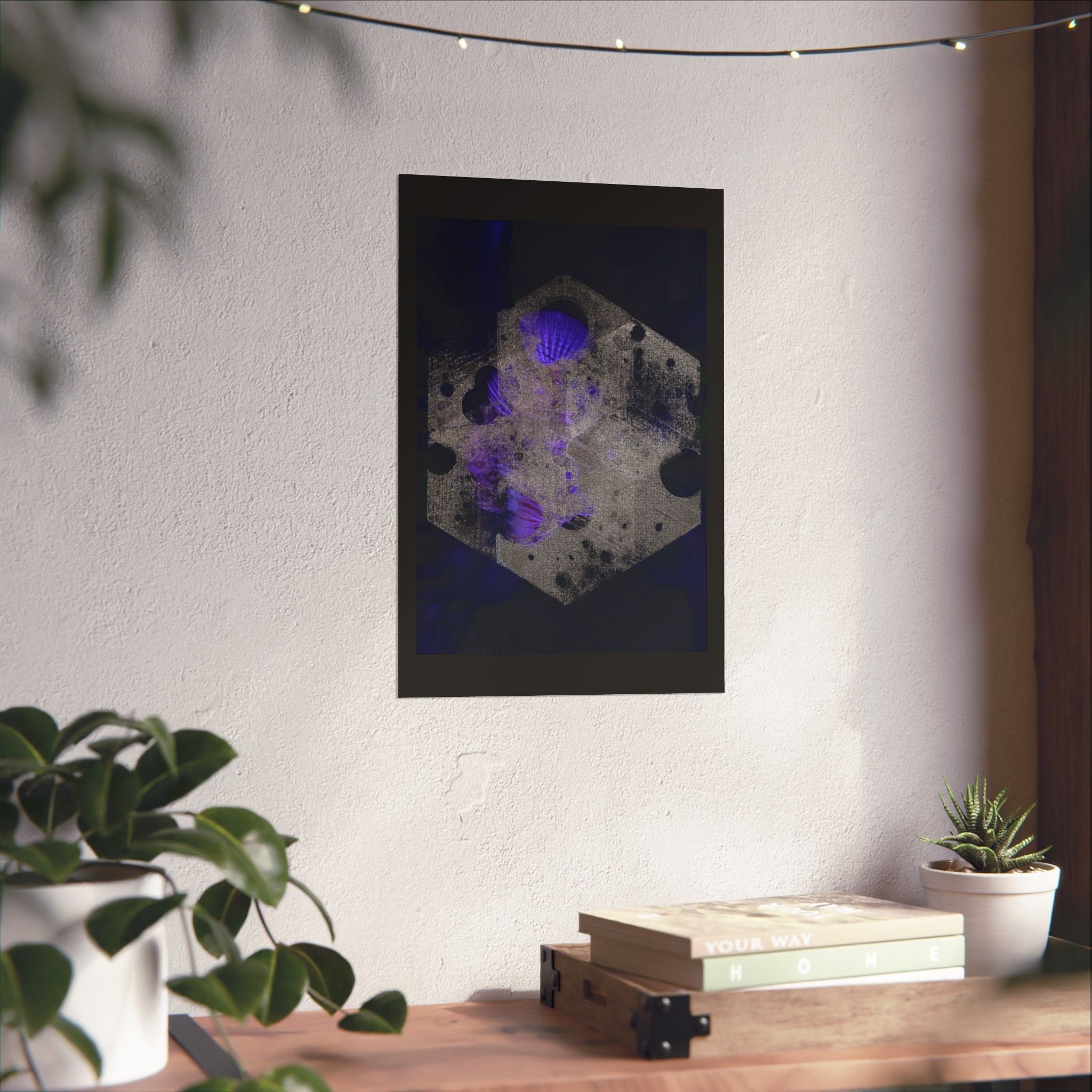 Abstract Cosmic Hex Poster — Matte Vertical Art Print (Purple & Black)