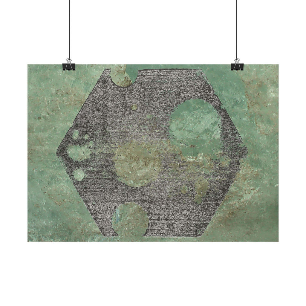 Geometric Hexagon Moon Art Horizontal Poster | Green Abstract Celestial Print