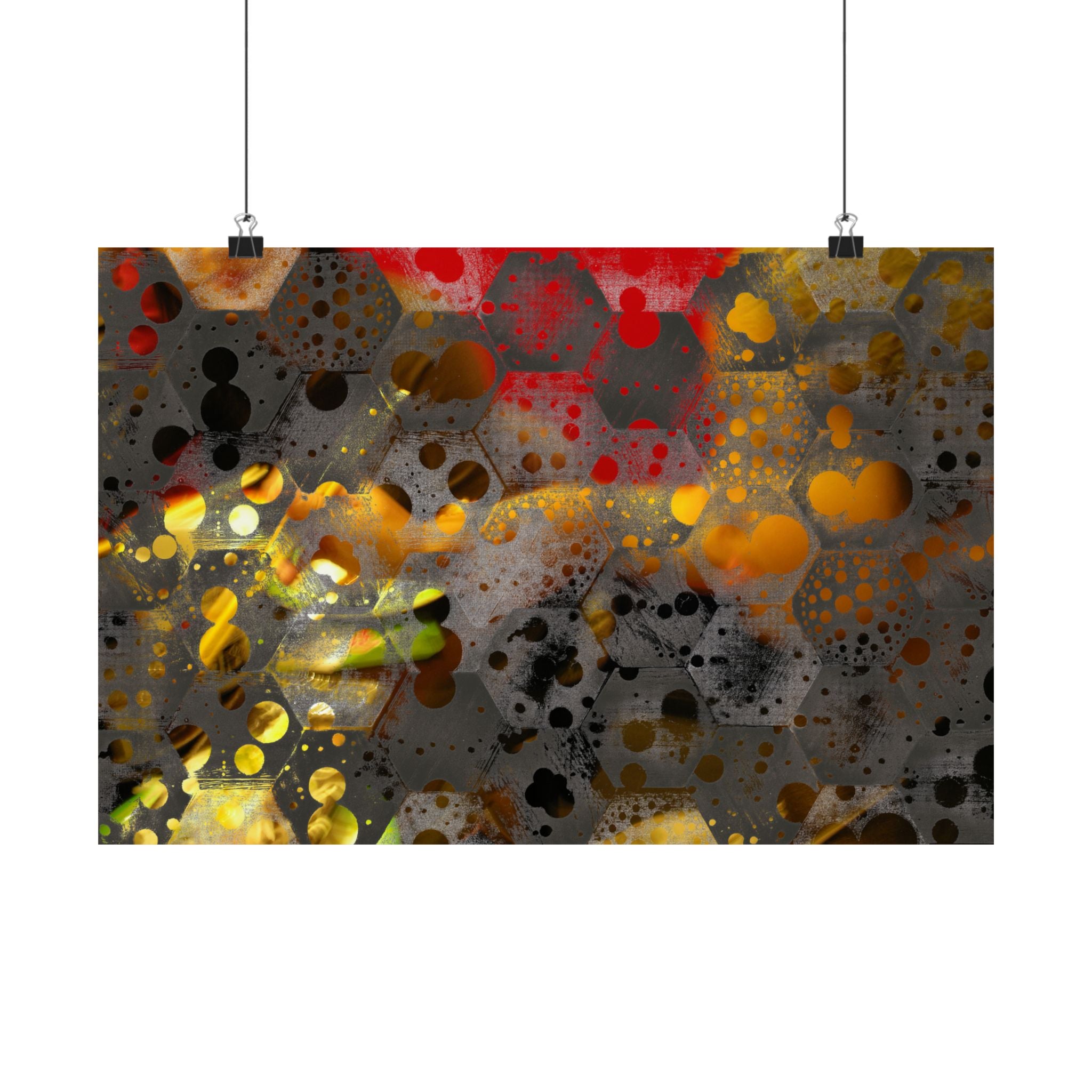 Abstracte matte poster met honingraatpatroon — Geometrische kunst in warme goud- en roesttinten 