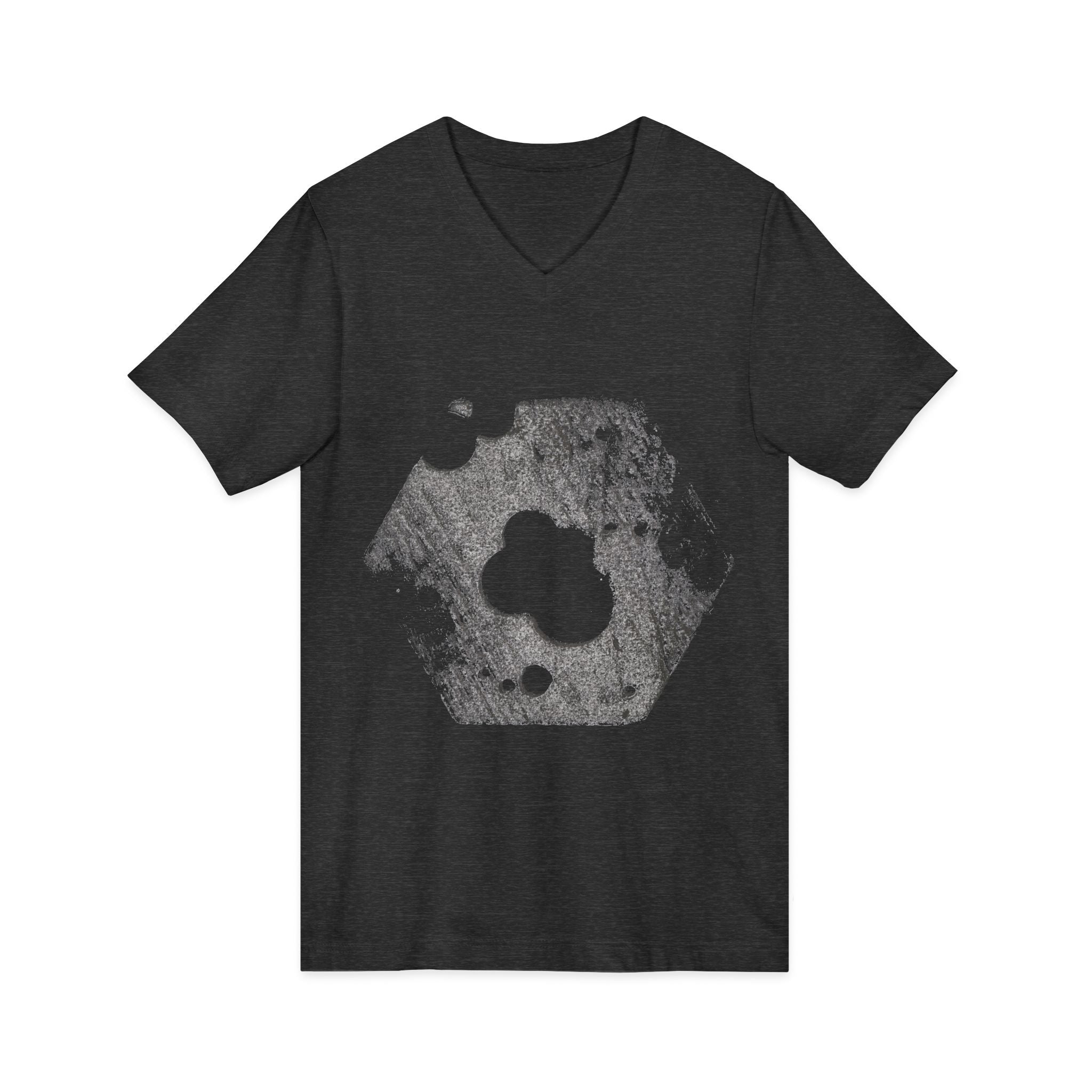 Hex Moon Graphic Tee Design Hex07 — Een vintage T-shirt met V-hals en een verweerde Space Cheese-look, geïnspireerd op astronomie.