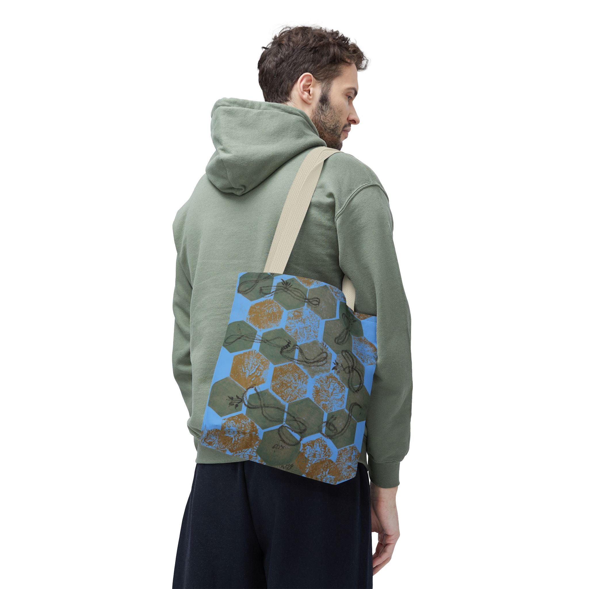 Hexagon Honeycomb Tote Bag — Blue Botanical Pattern AOP