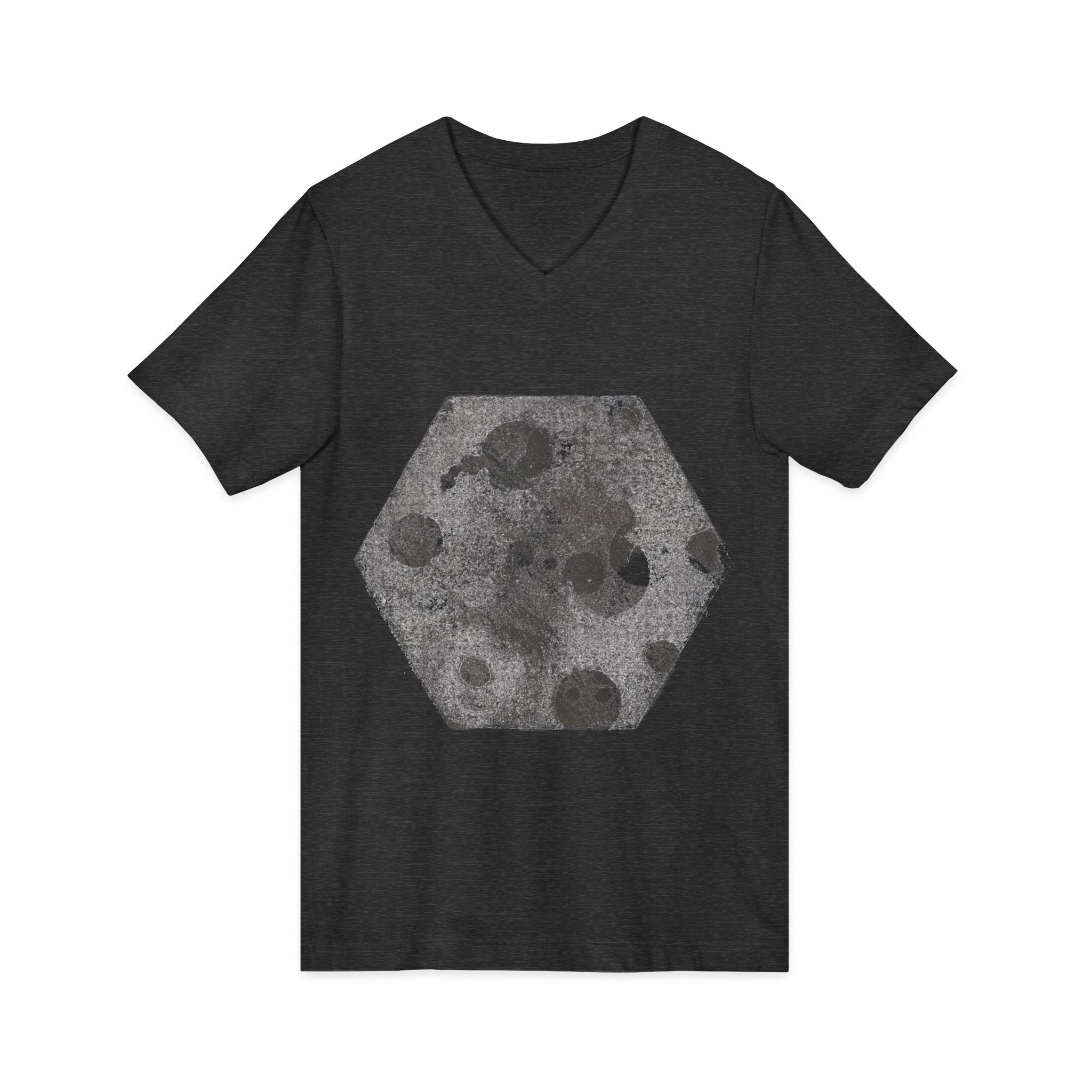 Hex Moon Graphic Tee Design Hex14 — Een vintage T-shirt met V-hals en een verweerde Space Cheese-look, geïnspireerd op astronomie.