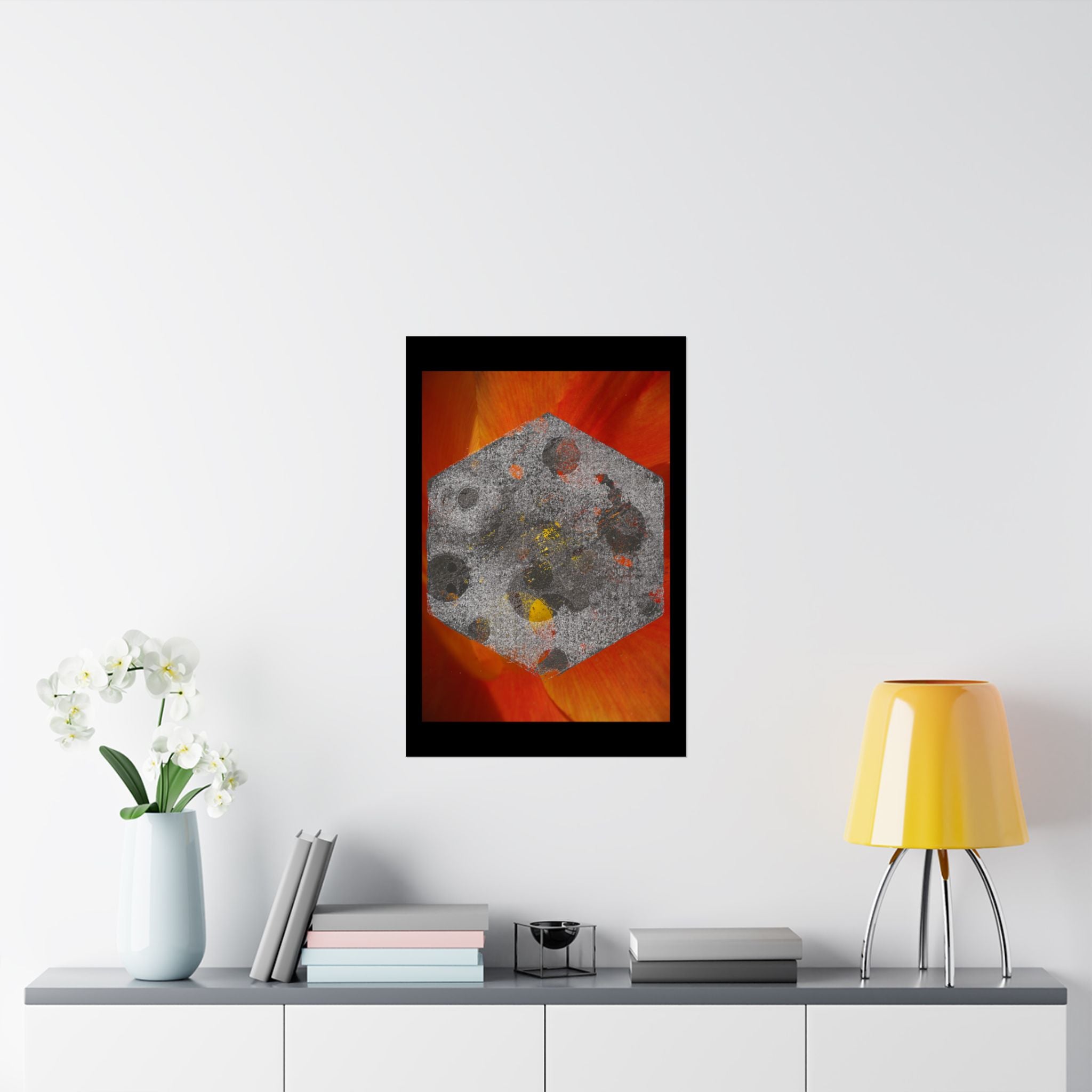 Abstract Hex Moon Poster — Orange Red Floral Background Matte Vertical Art Print