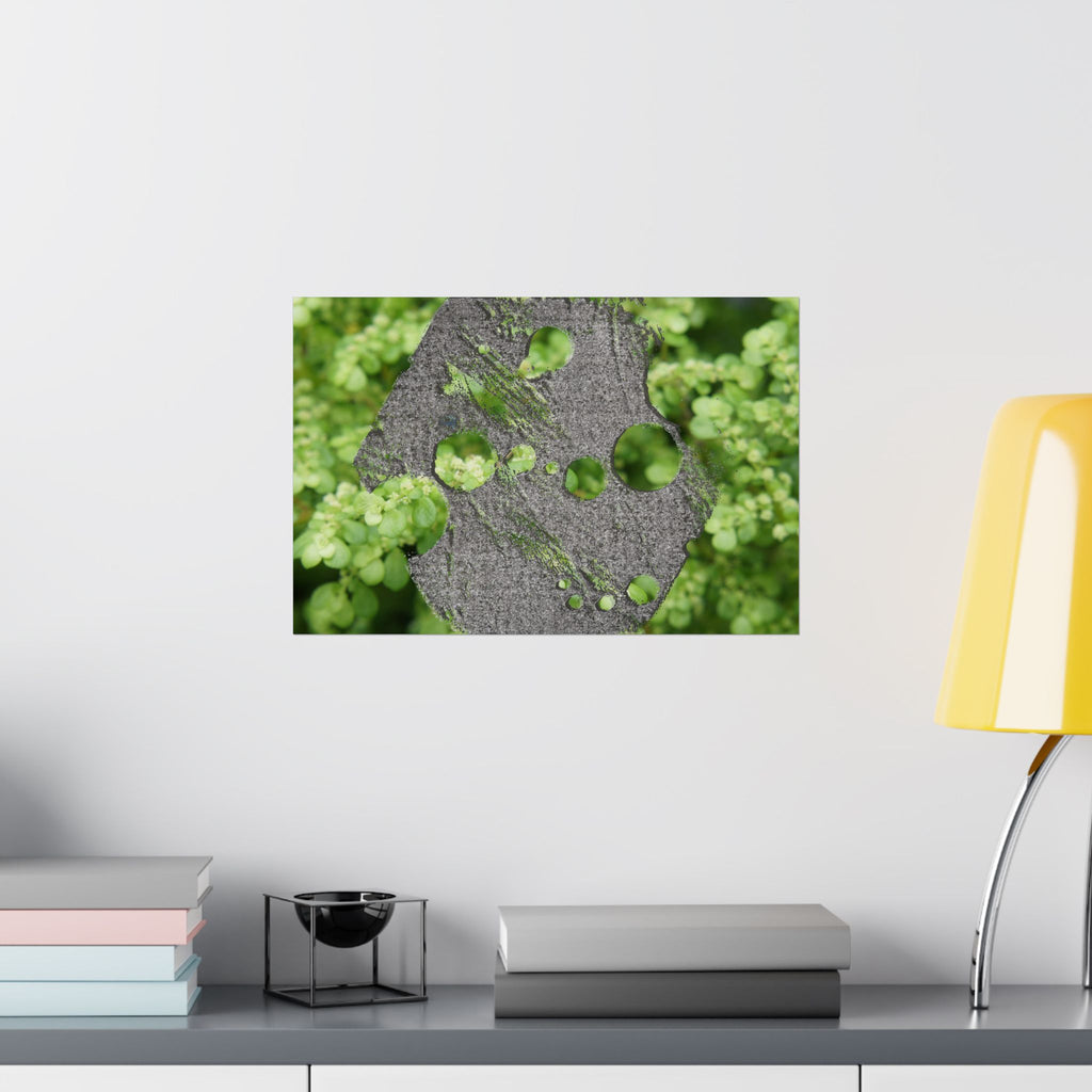 Abstracte poster met groen mos en verweerd metaal (mat) — Botanische natuur muurdecoratie (horizontaal) 