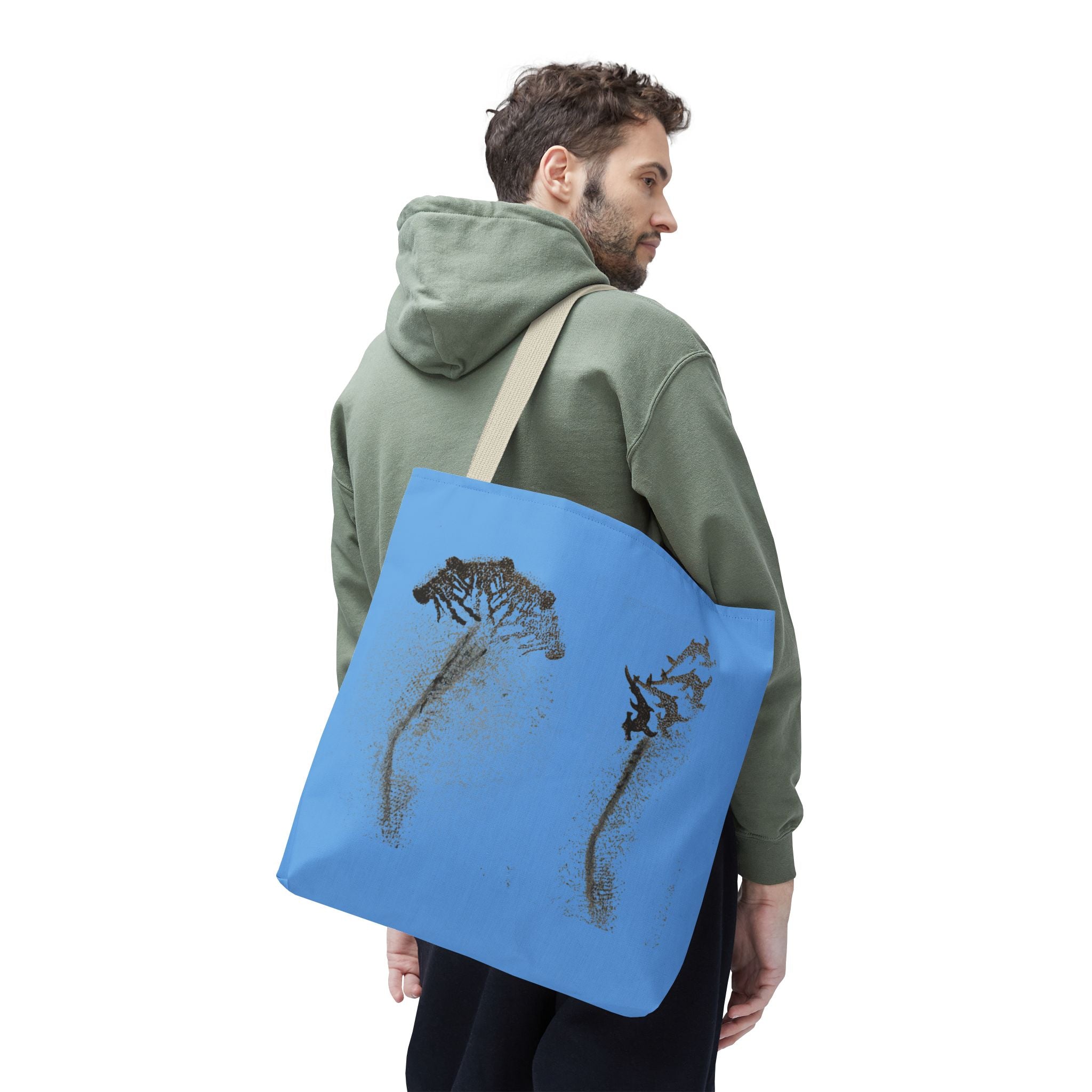 Blue Sea Life Tote Bag — Sand Art Seahorse & Coral All-Over Print