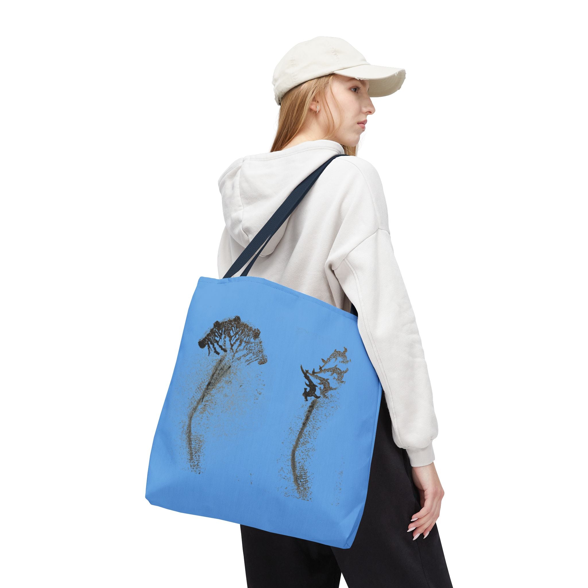 Blue Sea Life Tote Bag — Sand Art Seahorse & Coral All-Over Print
