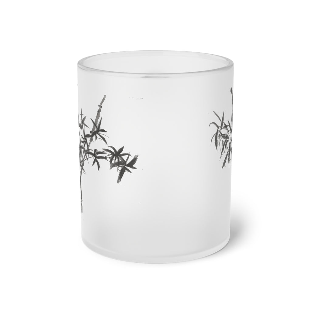 Mok van mat glas — Minimalistische koffiekop met bamboe-inktkunst 