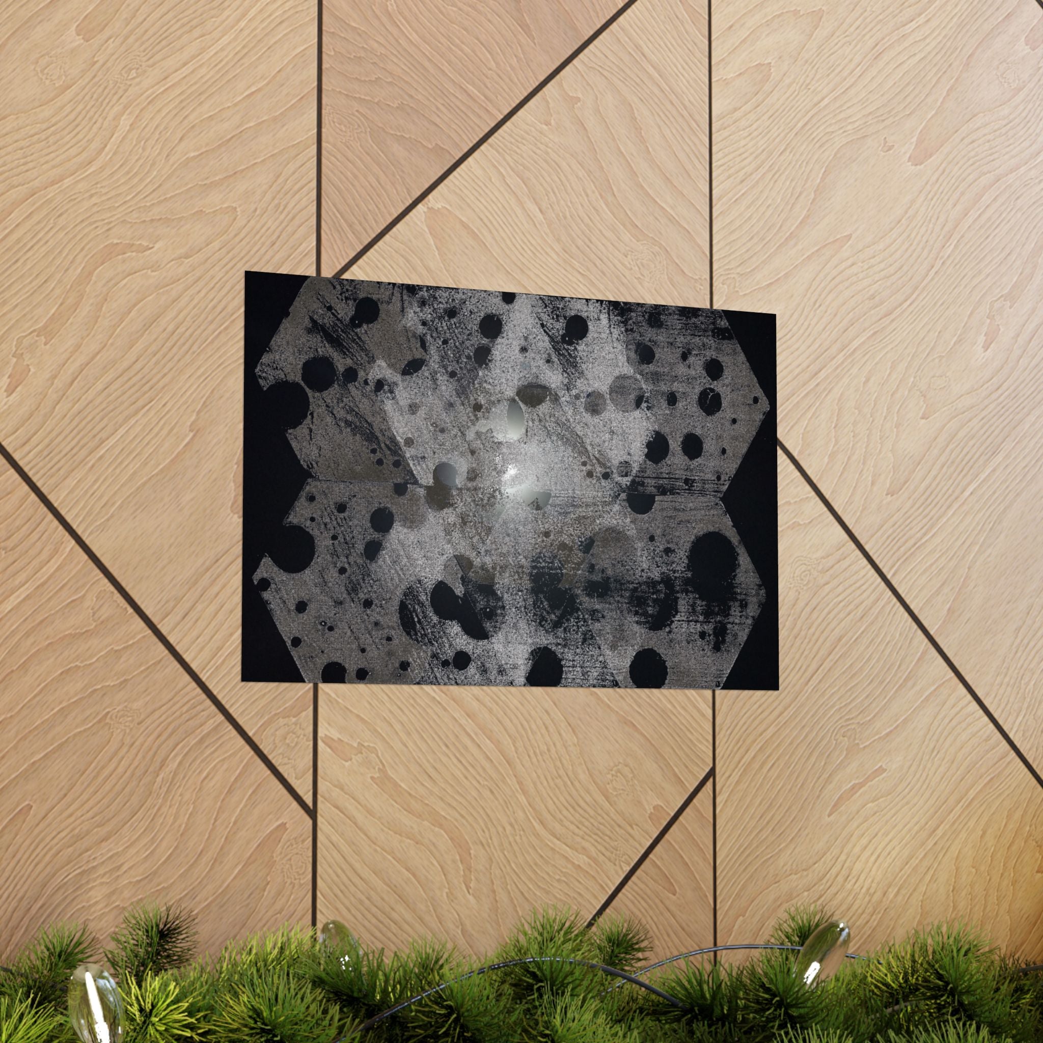 Abstracte poster met zeshoekige stippen, matte afwerking — Monochroom industrieel wanddecoratie 