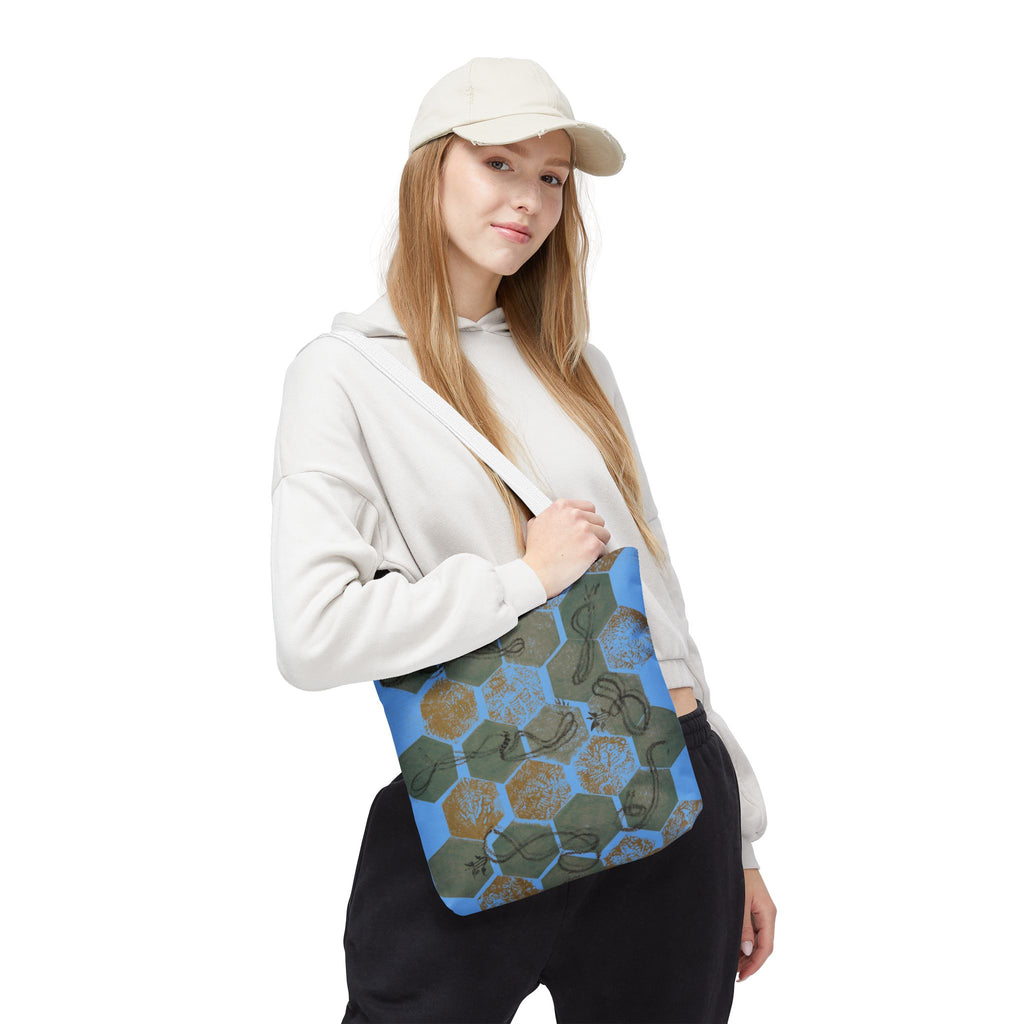 Hexagon Honeycomb Tote Bag — Blue Botanical Pattern AOP