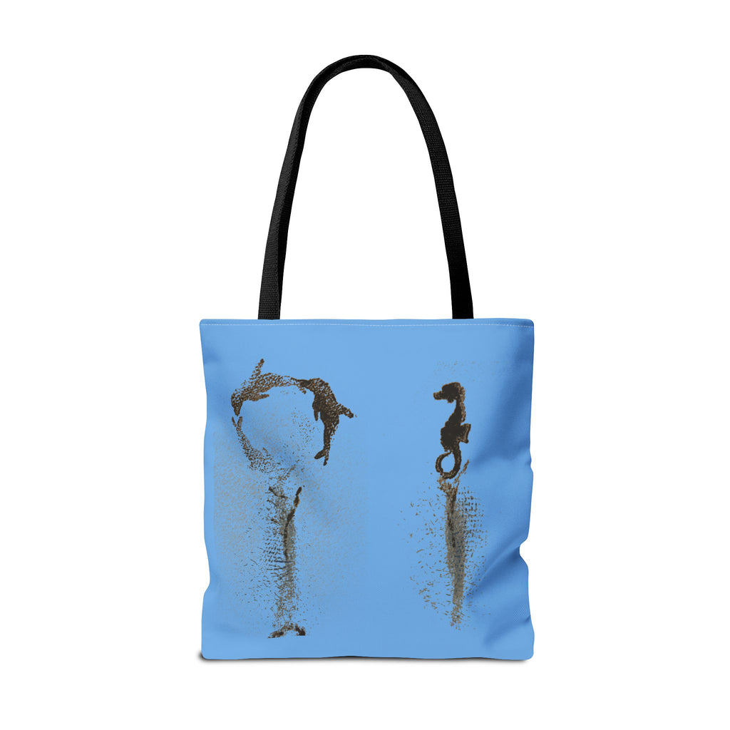 Blue Sea Life Tote Bag — Sand Art Seahorse & Coral All-Over Print